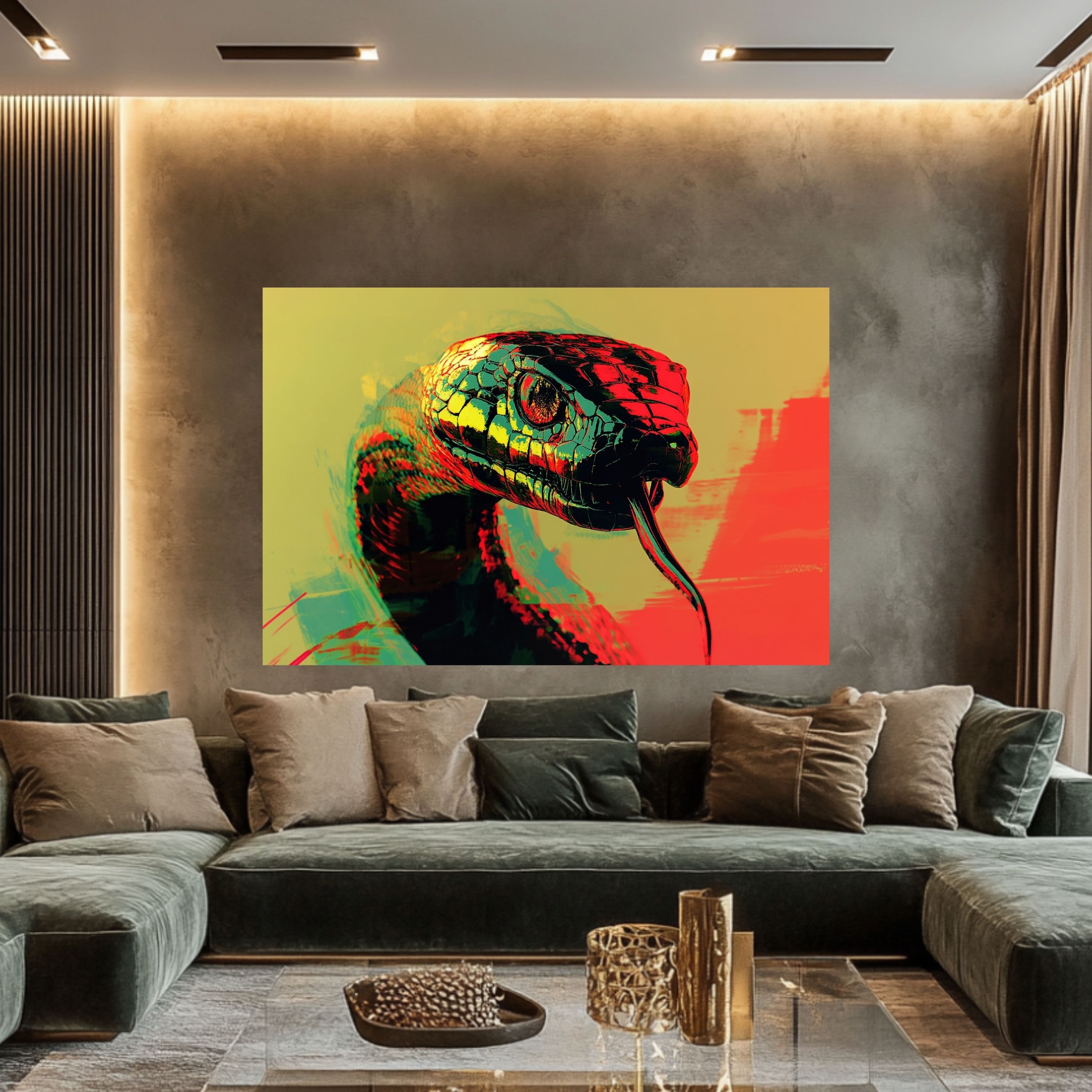 DARO Design Leinwandbild Modern Abstrakt Wandbilder XXL Wandbild Wand Deko Leinwand Bilder, (Schlange Warhol Glitch - Bild groß Wohnzimmer Schlafzimmer Küche Esszimmer Einteilig Querformat Fotodruck Leinwände Wanddeko Abstrakte Kunst Boho), 84x56cm