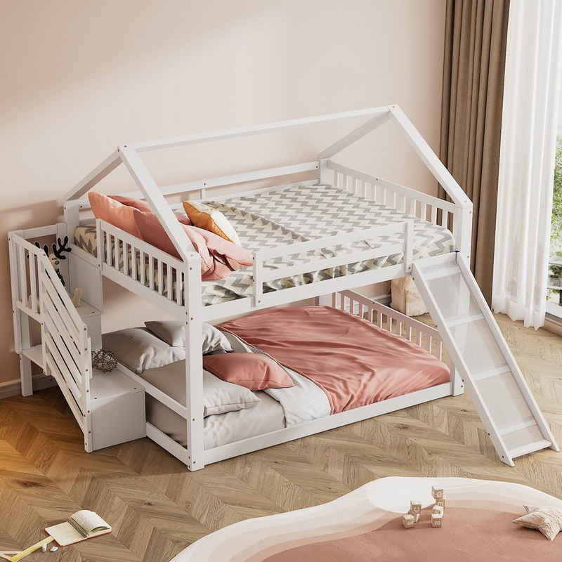 SOFTWEARY Etagenbett mit 2 Schlafgelegenheiten und Lattenrost (140x200 cm), Kinderbett inkl. Rausfallschutz, Kiefer