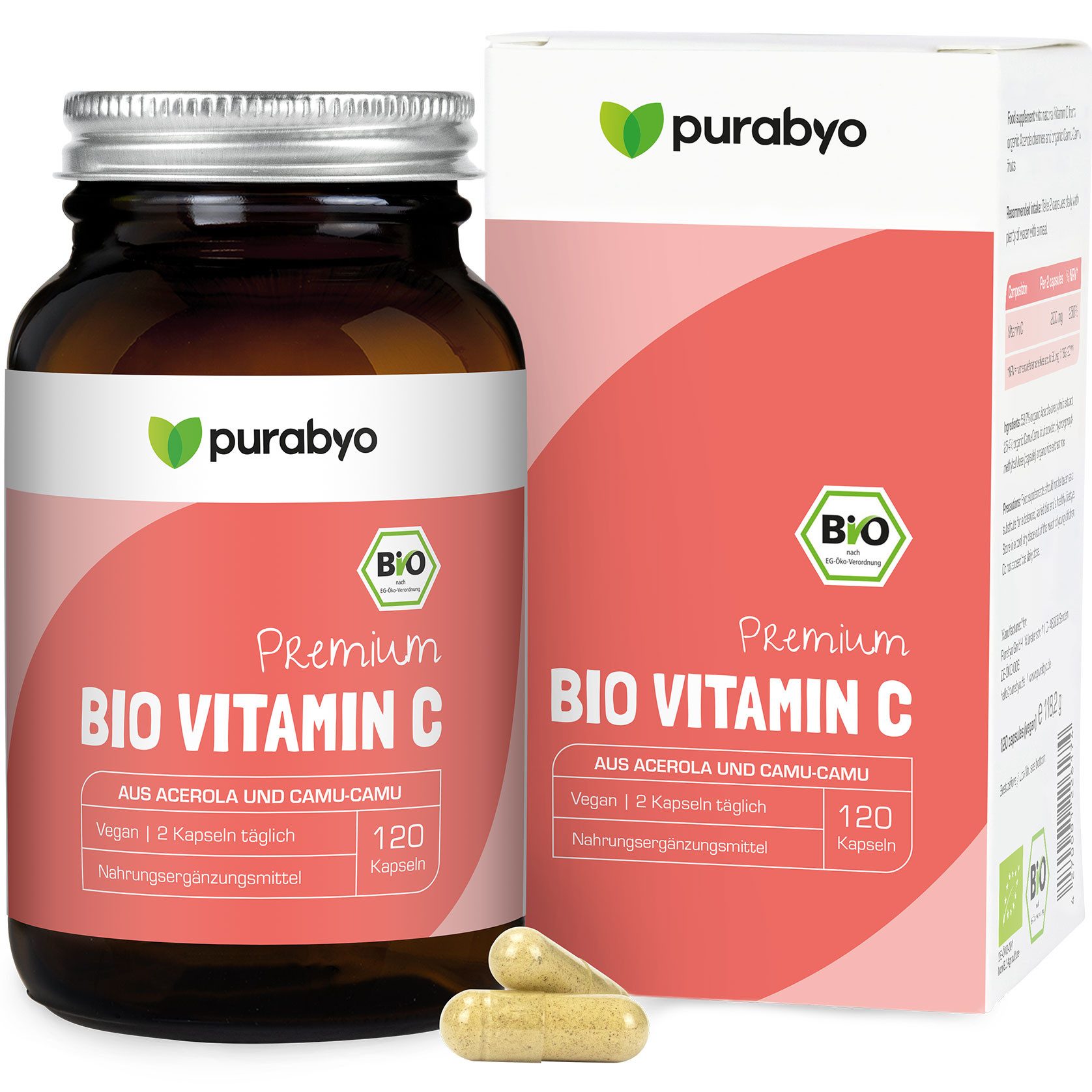 Purabyo BIO Vitamin C, direkt aus Bio Acerola und Bio Camu Camu, im Glas Kapseln, 1 er 120 St., 121 g