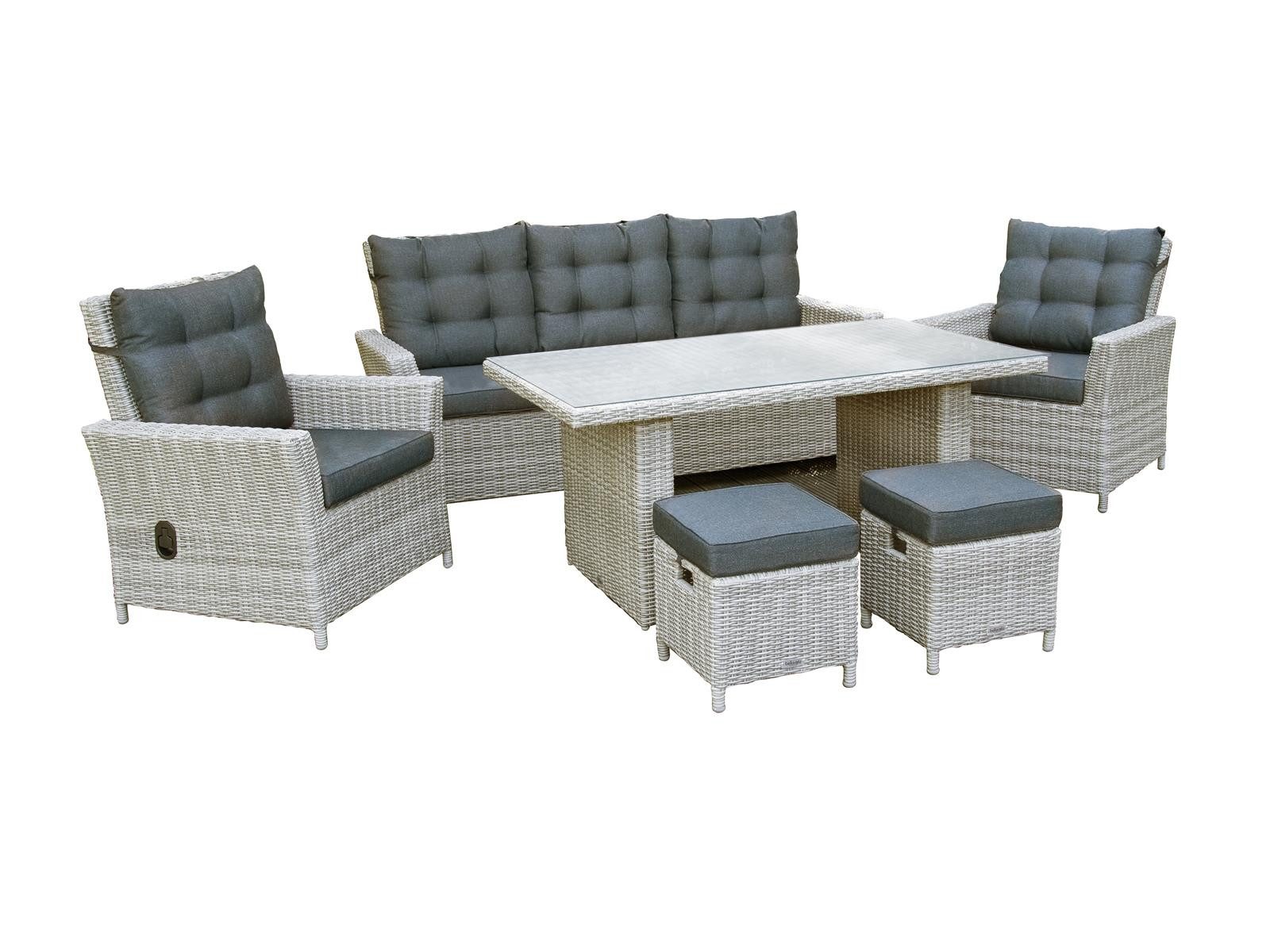Green Spirit Loungeset Asti Dininglounge-Set 7 Personen Polyrattan grau-meliert, (Set, 6-tlg., 1 Sofa, 2 Sessel, 2 Hocker 1 Tisch, inkl. Auflagen), Polyrattan, grau, 7 Personen, wetterfest, Garten, Terrasse, Outdoor
