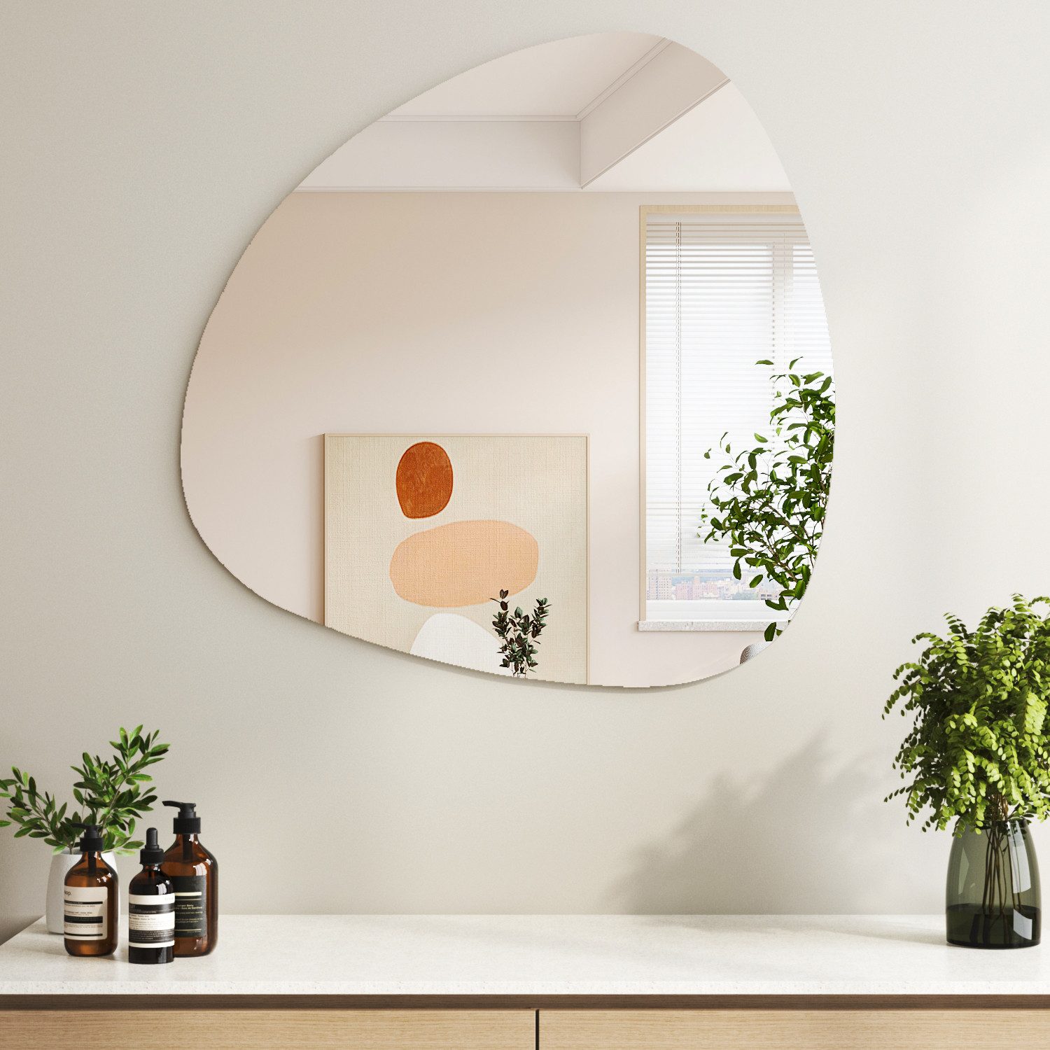 Hopibath Badspiegel Rahmenlos 80x80 60x60cm Steinform Wandspiegel Bad Asymmetrisch (Badezimmer Spiegel, ohne Beleuchtung), Modern, Design, Einfache, Elegant