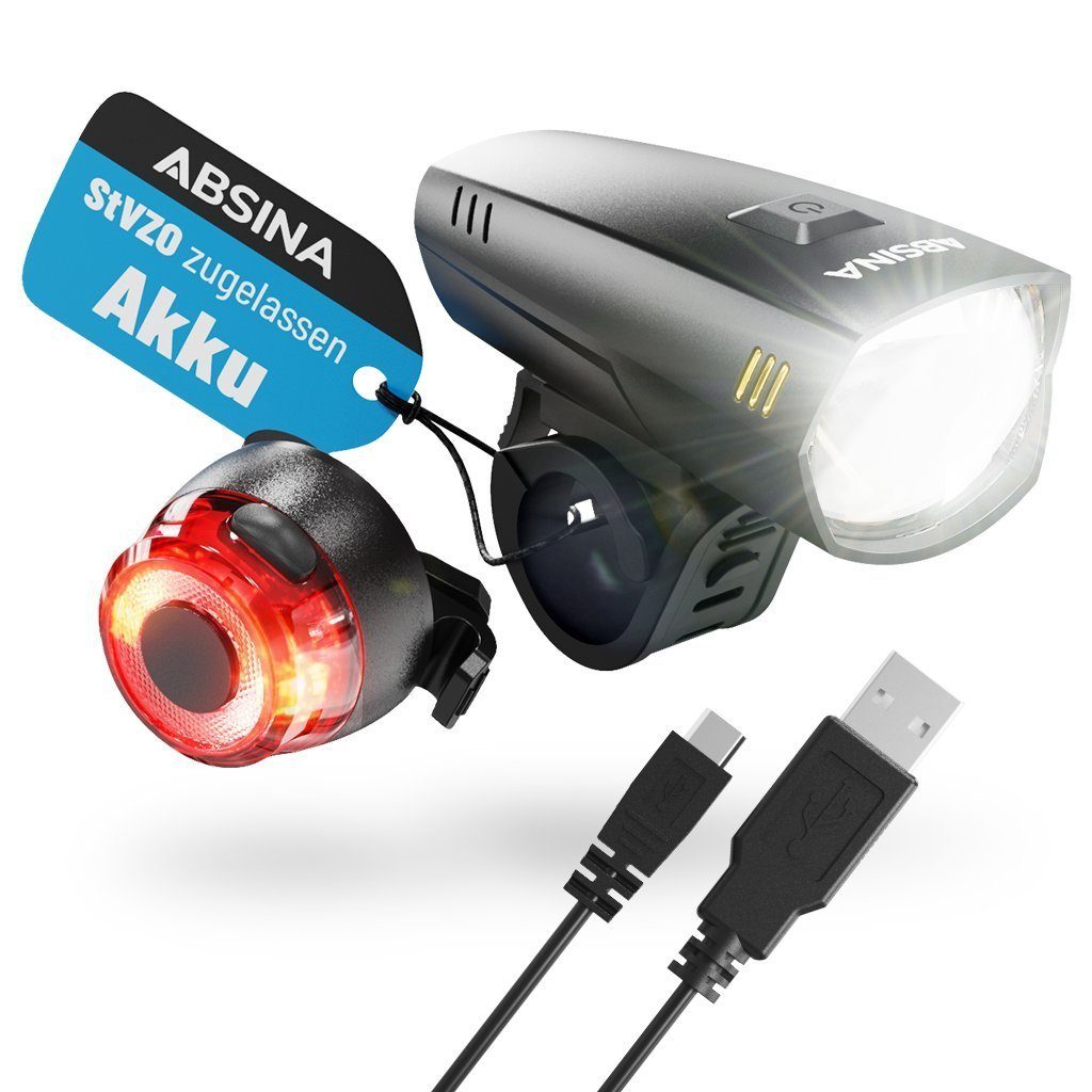 ABSINA Fahrradbeleuchtung »LED Fahrradlicht Set Akku abnehmbar - StVZO  zugelassen Fahrrad Licht mit 180 Lumen, 200m Reichweite, regenfest &  aufladbar über USB - Fahrradbeleuchtung Frontlicht & Rücklicht -  Fahrradlampe«