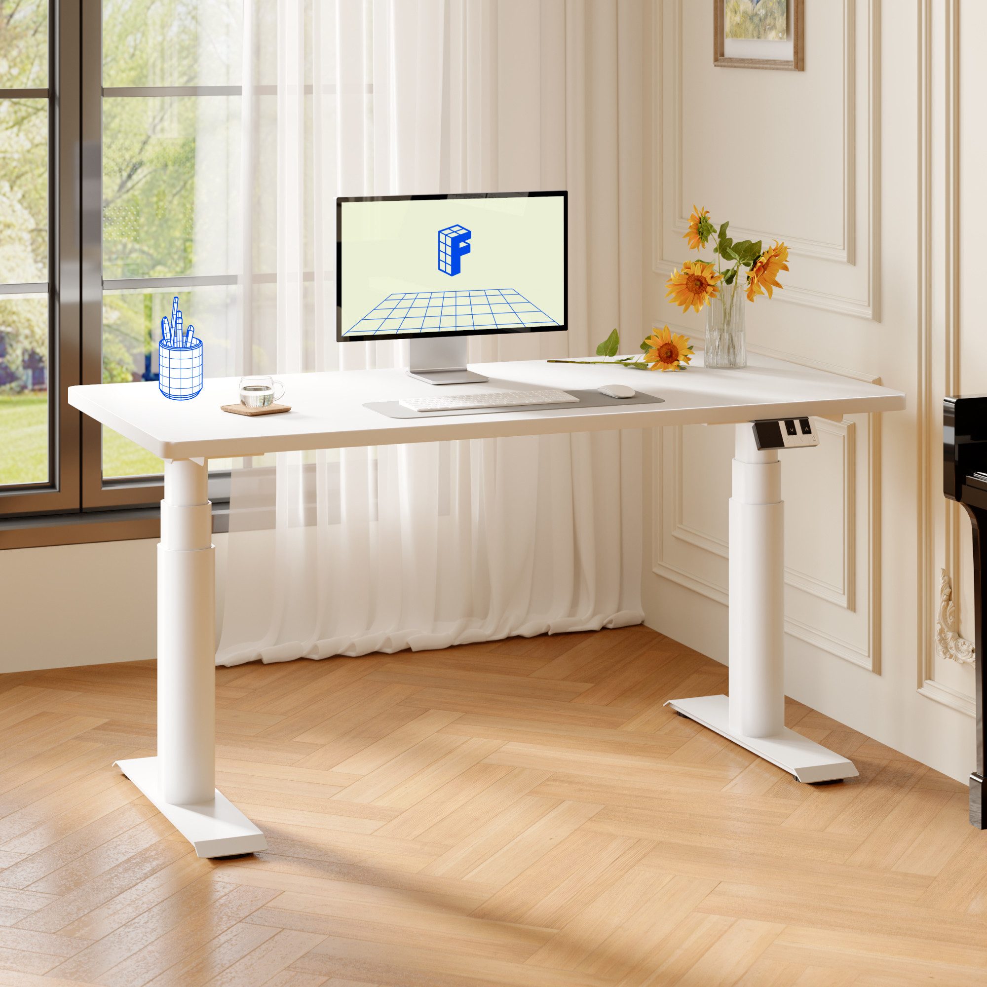 FLEXISPOT Tischgestell Elektrisches Tischgestell höhenverstellbar, CylineX Pro (Dual-Motor, ovalen 3-Fach-Beinen,60–125 cm höhenverstellbar, 35mm/s, LED-Piano-Steuerung mit USB-C, Memory & Geräuscharm <50 dB), Anti-Kollision& Fingerschutz, 200KG Tragkraft(ohne Tischplatte)
