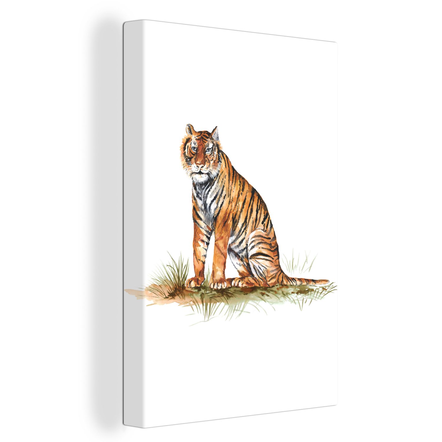 OneMillionCanvasses® Leinwandbild Tiger - Weiß - Gras, (1 St), Leinwandbild fertig bespannt inkl. Zackenaufhänger, Gemälde, 20x30 cm