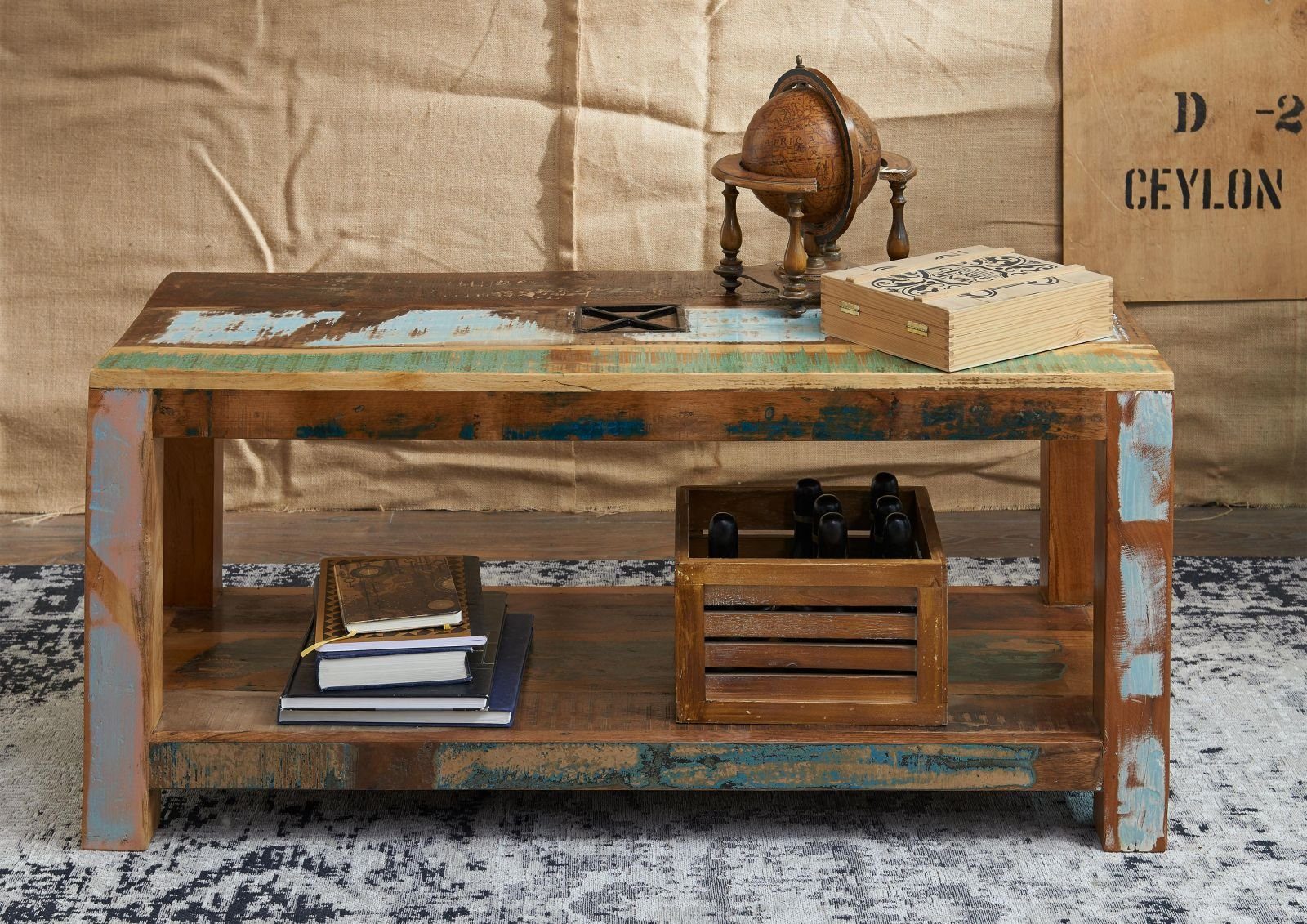 Massivmoebel24 Couchtisch NATURE OF SPIRIT (Massivholz, Massivholztisch), Couchtisch Altholz 110x45x50 mehrfarbig lackiert NATURE OF SPIRIT #107