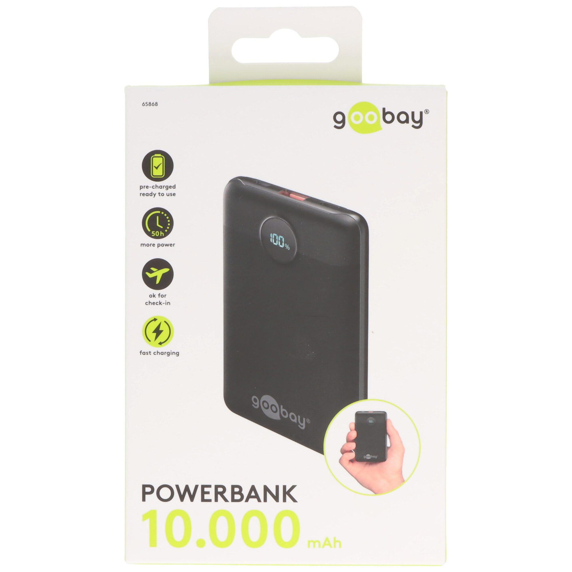 Goobay Powerbank 10.000mAh, PD und QC kompatibel, mit digitaler LED-Anzeige, Akku 10000 mAh (3,9 V)
