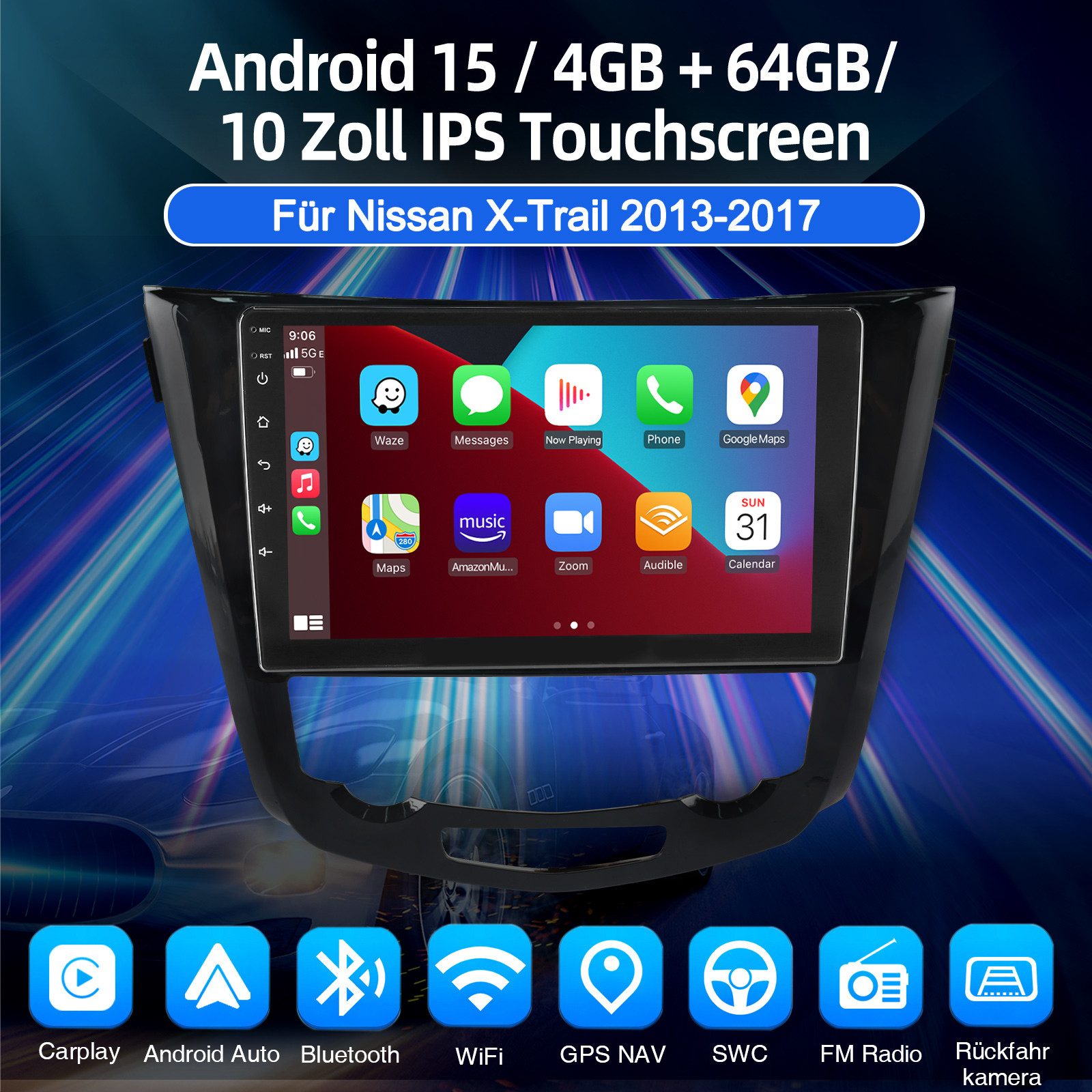 ESSGOO Android15 Autoradio Carplay Für Nissan X-Trail Qashqai j11 Rouge 13-17 Autoradio (DAB (optional), DAB+ (optional), 4+64GB(optional), RDS, AM, FM, Carplay Android Auto Bluetooth EQ USB GPS Navi WIFI Touchscreen)