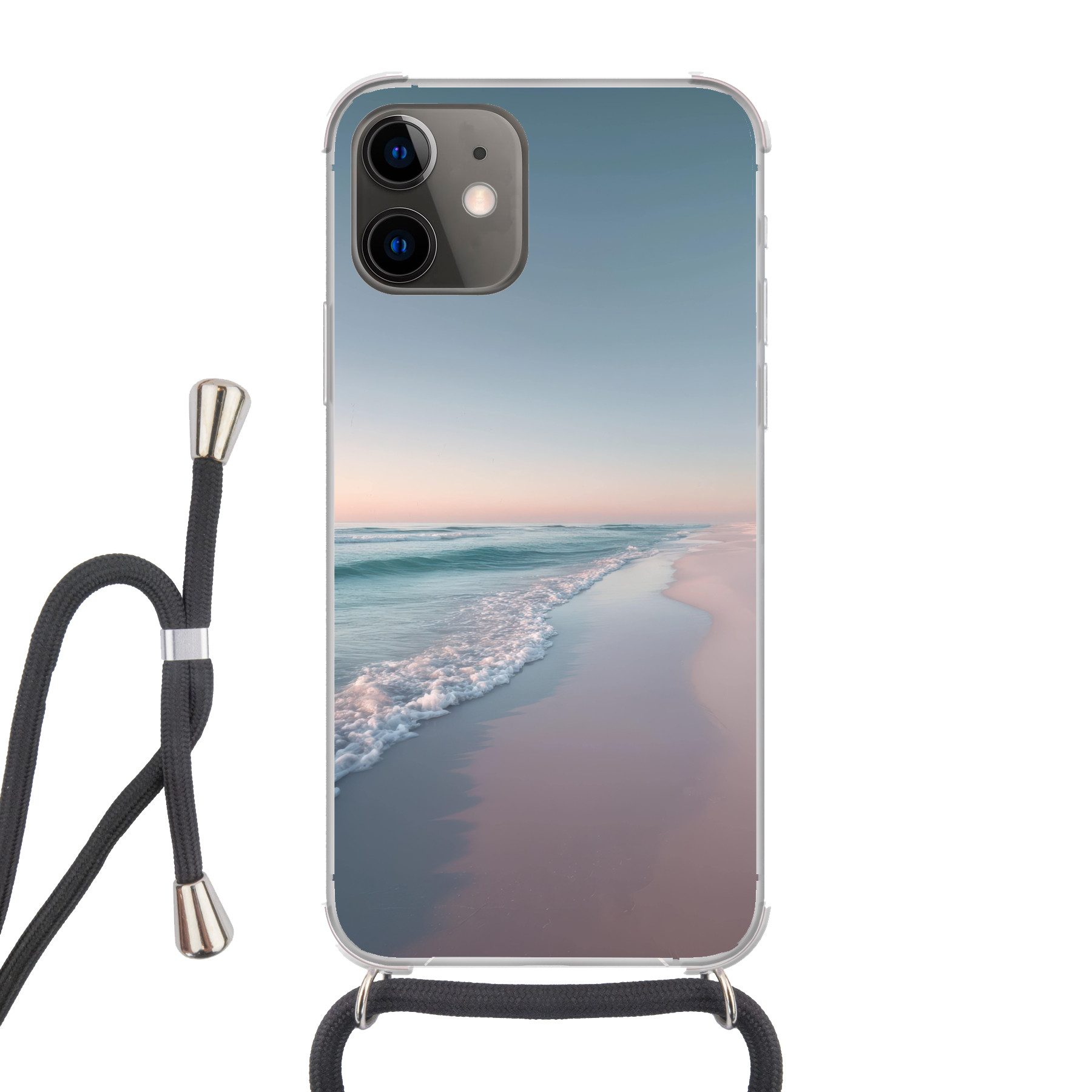 MuchoWow Handyhülle für Apple iPhone 12 Mini Küstenlinie - Pastell - Wasser, Tragbare Handyhüllen mit Kette zum umhängen, Handykette Handyband