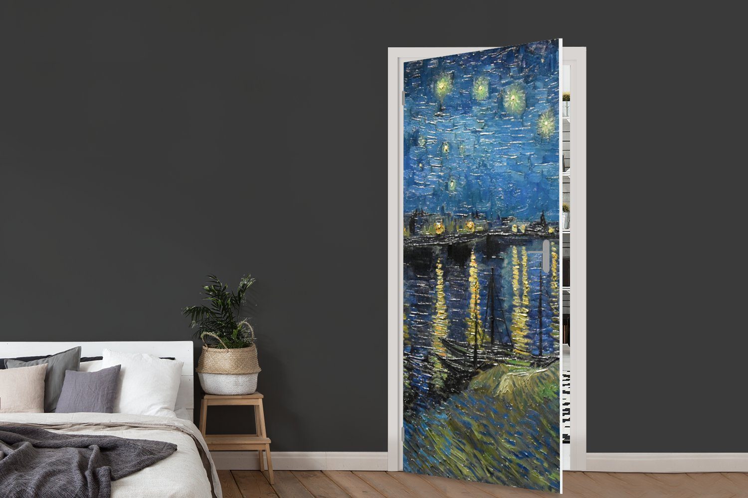 der Sternennacht für bedruckt, - Fototapete 75x205 Tür, Kunst, Matt, Türtapete Rhone cm - über Van Gogh St), (1 Türaufkleber, MuchoWow