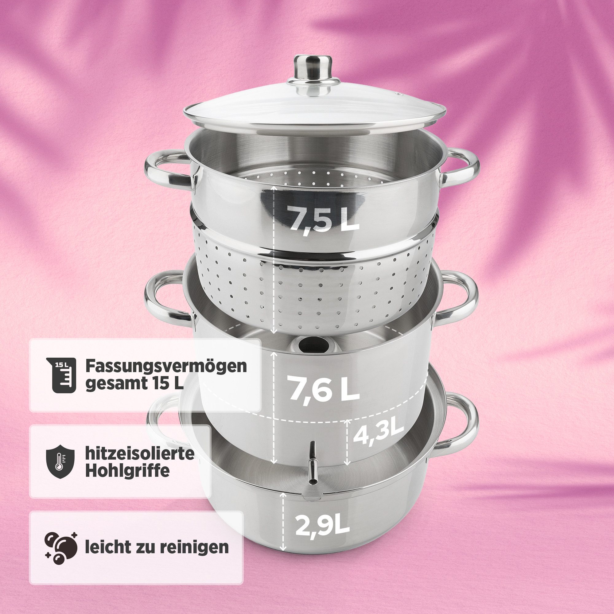 Arebos Dampfgartopf Induktions-Dampfentsafter 15 L Edelstahl für alle Herdarten & Früchte, Hochwertiger Edelstahl: langlebig, hygienisch & spülmaschinengeeignet – Bild 5 von 5