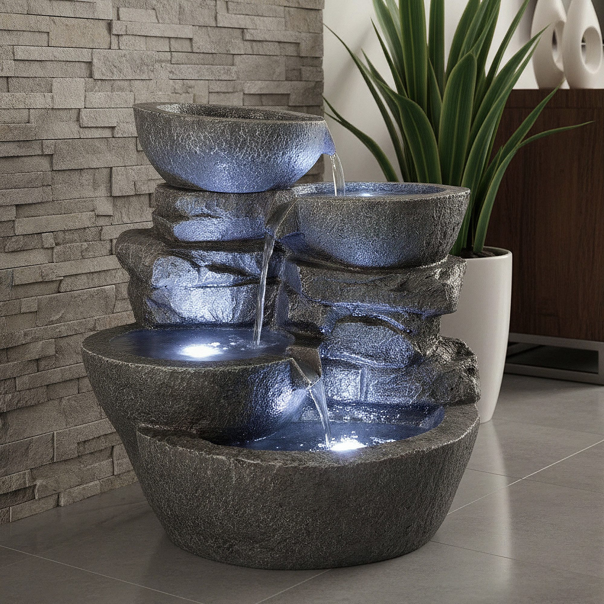 Arnusa Gartenbrunnen großer LED Springbrunnen Wasserfall 50 cm Zimmerbrunnen Wasserspiel, mit LED Beleuchtung Indoor und Outdoor