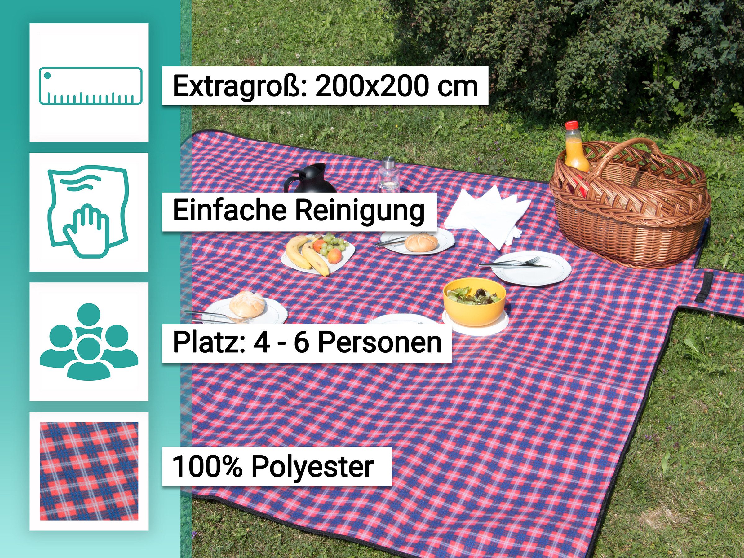 Picknickdecke, ZOLLNER24, 200 x 200 cm, 100% Polyester, wasserdicht und isoliert, Tragegriff
