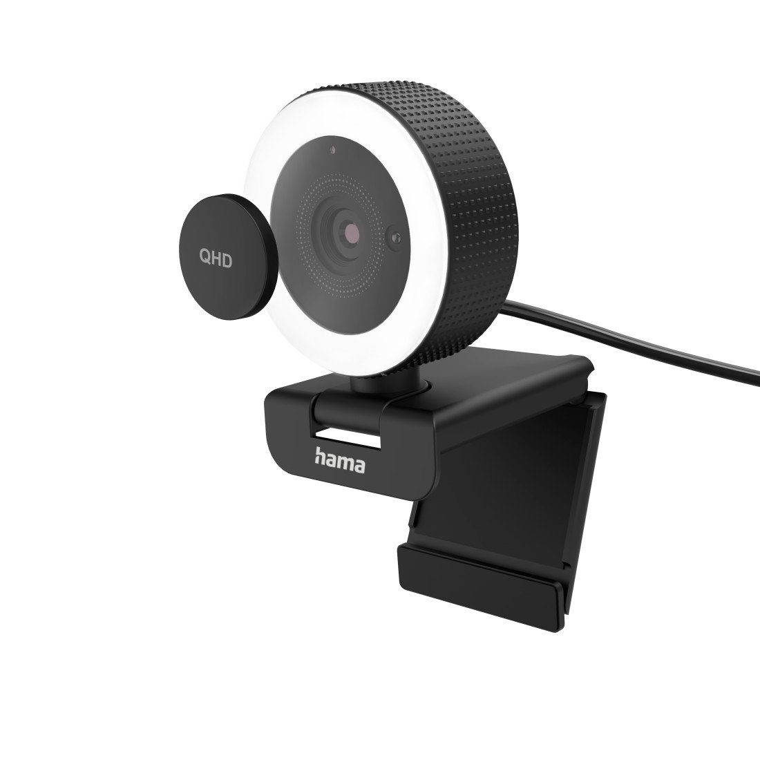 Hama PC Kamera, Webcam mit Ringlicht und Fernbedienung, Streaming, Gaming Full HD-Webcam (QHD, Beleuchtung, Neigbar, Drehbar, Mikrofon, LED Status, Farbe Schwarz)