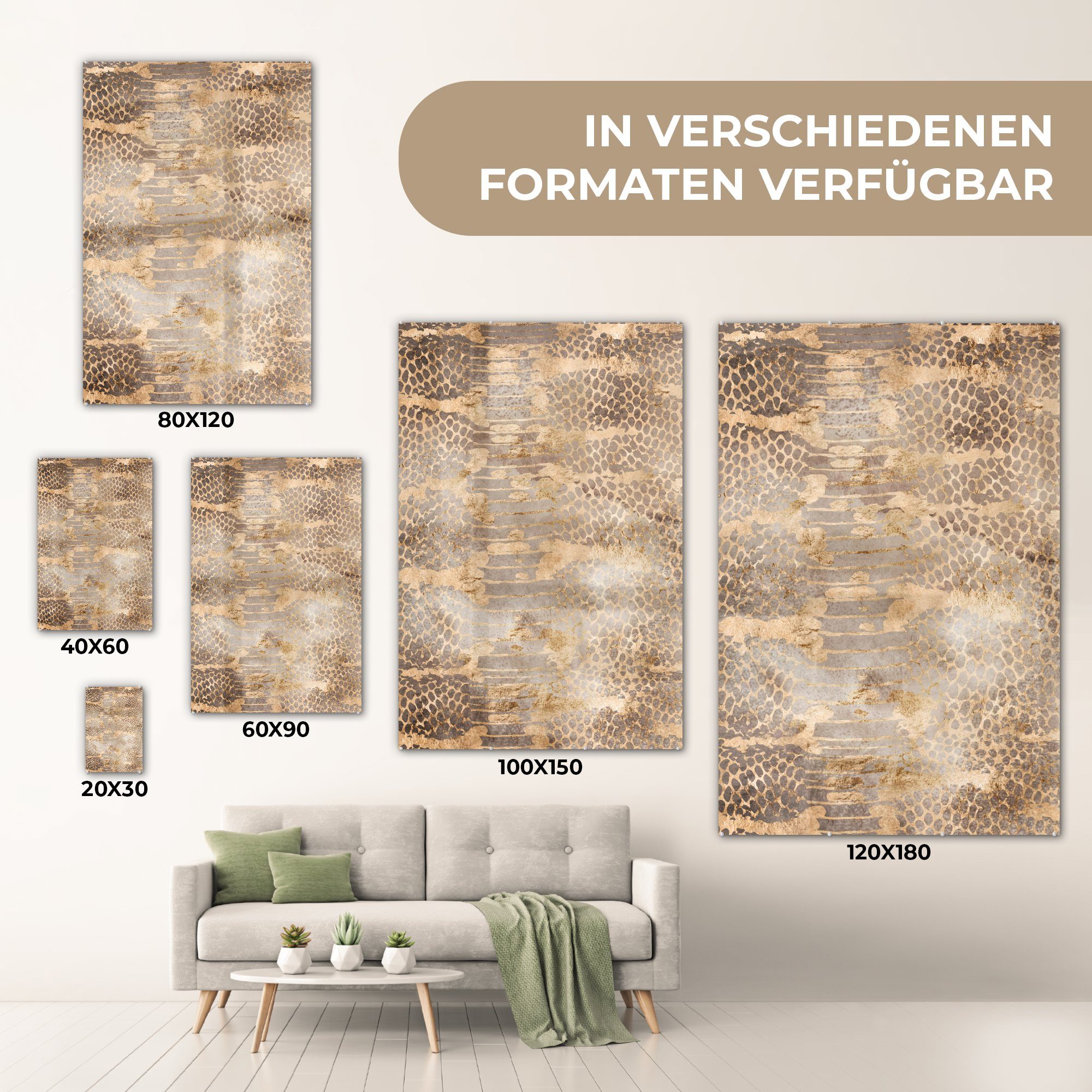 Wanddekoration Gold auf St), Wandbild - Schlange Tiermuster - - Glasbilder Glas - - - Bilder Braun, (1 auf Acrylglasbild Glas Foto MuchoWow