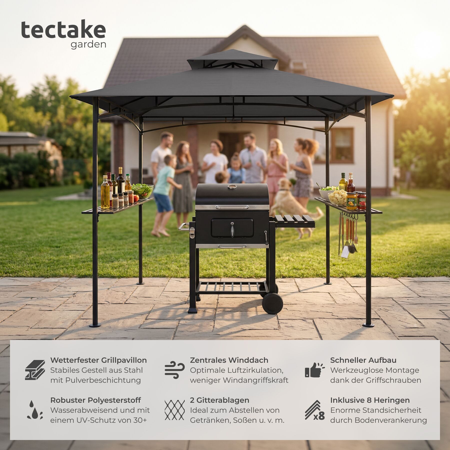 tectake Pavillon Grillpavillon, inklusive 8 Heringen und 6 Haken, 240 x 150 x 250 cm, mit 2 Seitenteilen, (240 x 150 x 250 cm, Komplettset), Doppeldachsystem, Flaschenöffner am Gestell