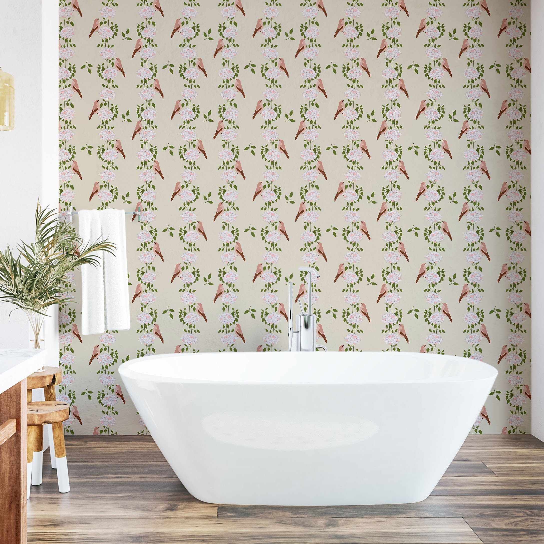 Abakuhaus Vinyltapete selbstklebendes Wohnzimmer Küchenakzent, und Vogel-Streifen Botanisch Hortensia