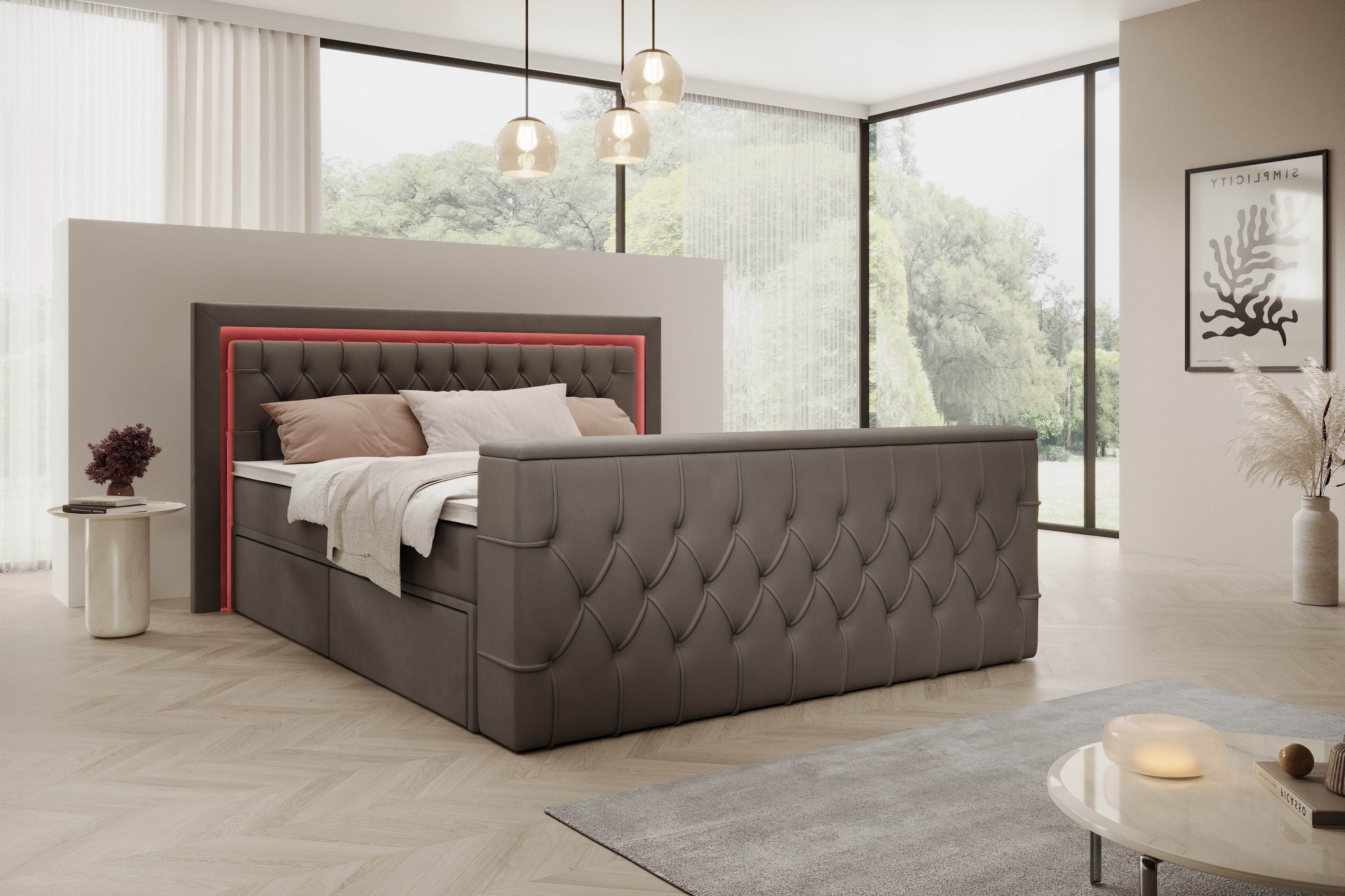 PROMETO Möbel Boxspringbett Doppelbett 180x200 mit Matratze, Schubladen TV-Lift LED Beleuchtung, inkl. 7-Zonen-Taschenfederkernmatratze, TV-Lift im Fußteil, Top – Bild 4 von 5