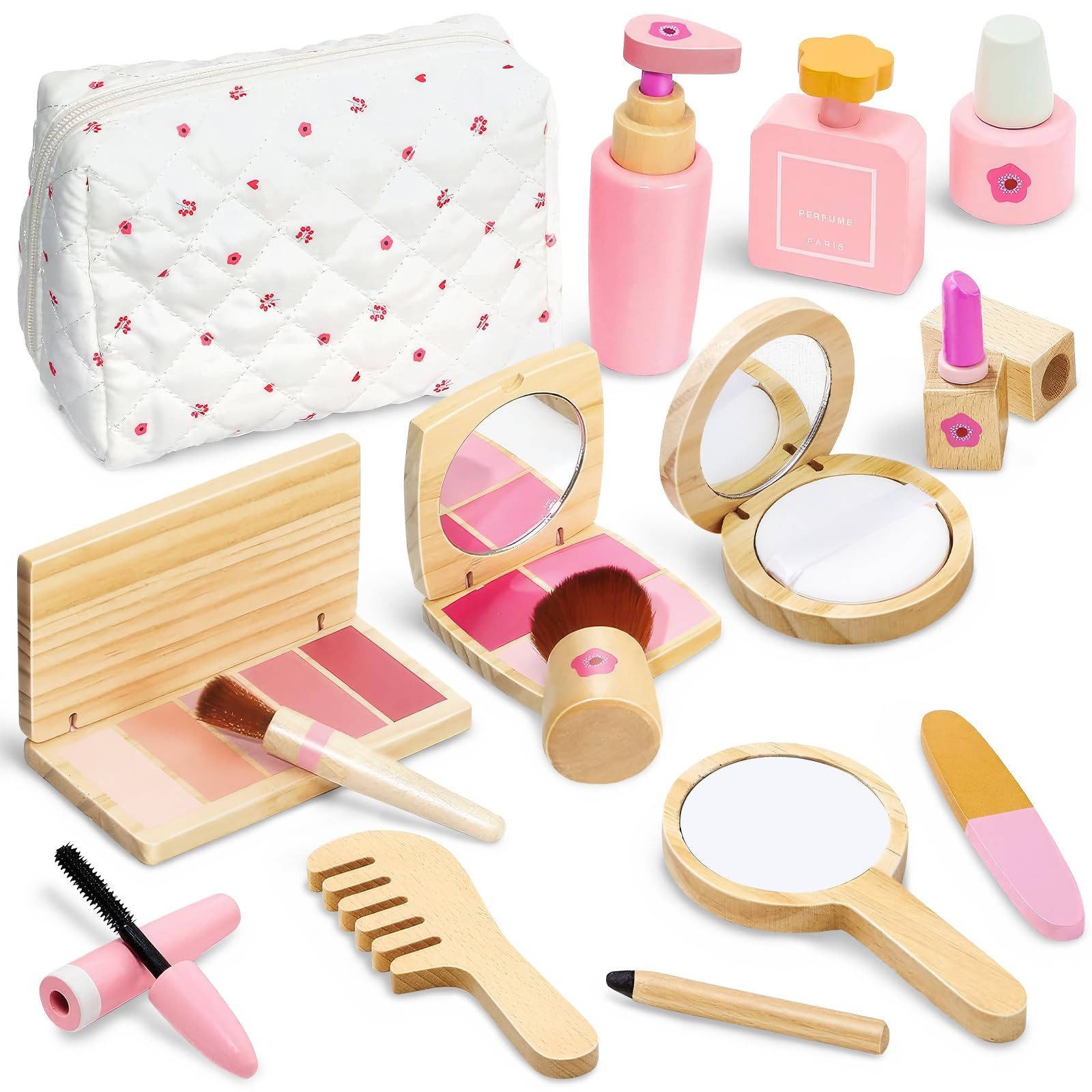 Zaewry Spielzeug-Frisierkoffer Holz Kinderschminke Set Mädchen,Make-up-Spielzeug,Schminkkoffer, 15-tlg., Rollenspiel für Kinder,tragbares Spielzeug,Holzspielzeug