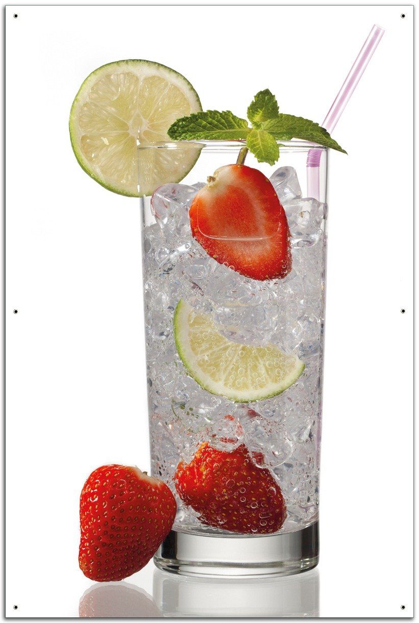 Wallario Sichtschutzzaunmatten Glas Wasser mit Erdbeeren