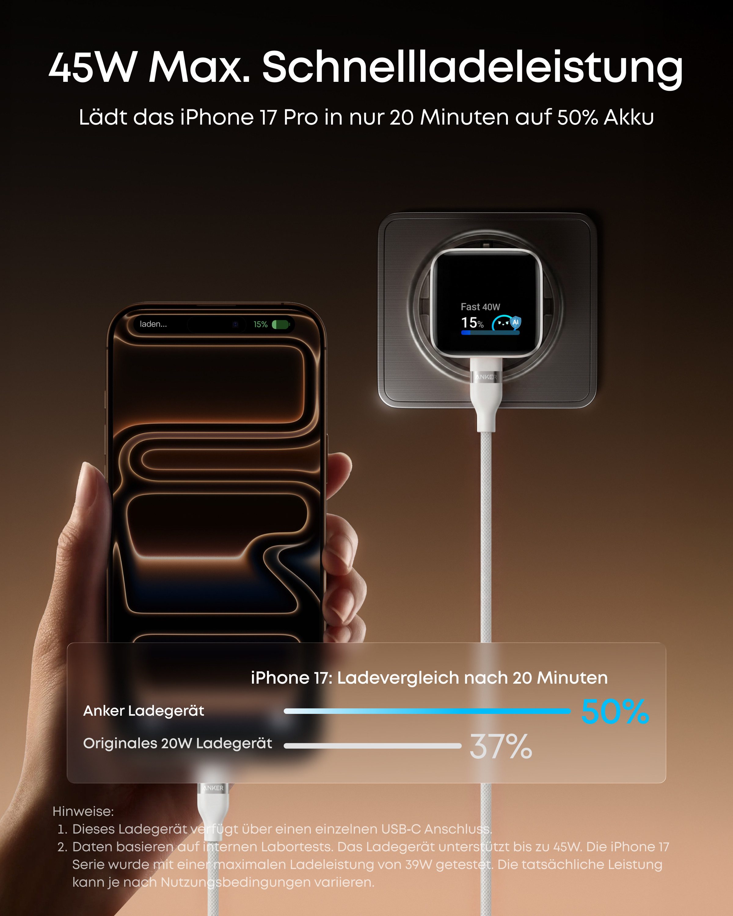 Anker Anker Nano 45W USB C Ladegerät mit Smart Display für iPhone Schnelllade-Gerät (GaN Ladegerät für iPhone 17 Pro Max iPhone 17/16/15 Serie) – Bild 3 von 5