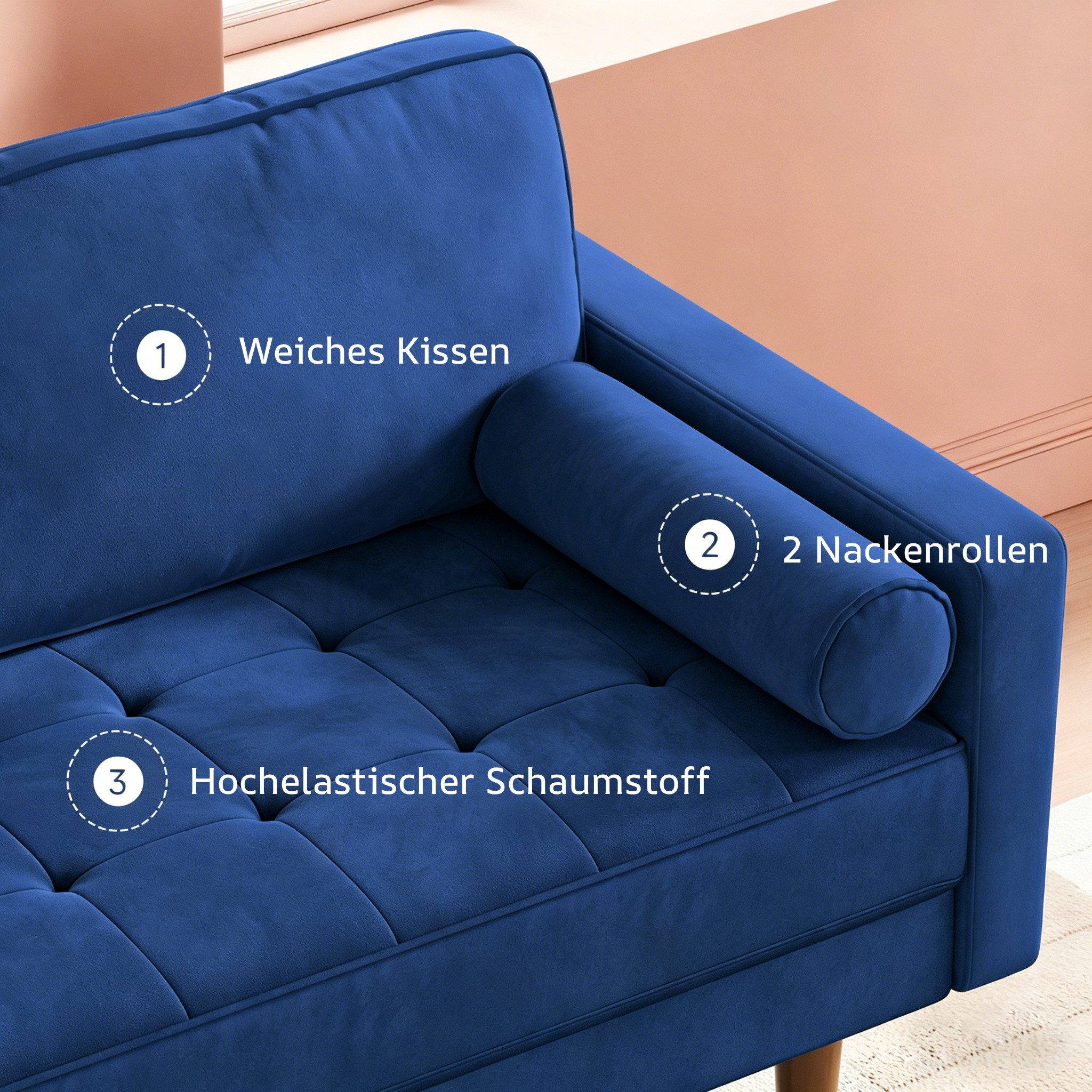 Dripex Sofa 121 cm kleines 2-Sitzer-Sofa aus Samt – bequeme Couch – Bild 2 von 5