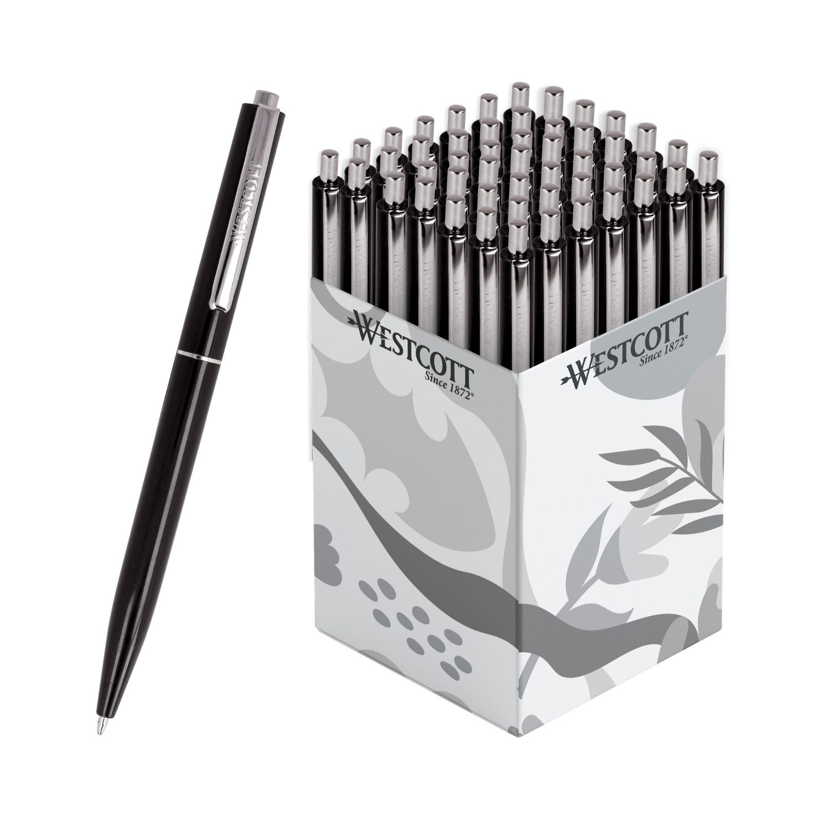 WESTCOTT Druckkugelschreiber Kugelschreiber ALLTIME Schwarz 50 Stück, Strichstärke M, X20 Mine, (Vorteilspack, 50-tlg), Dokumentenecht nach ISO 12757-2, Stabiler Metallclip