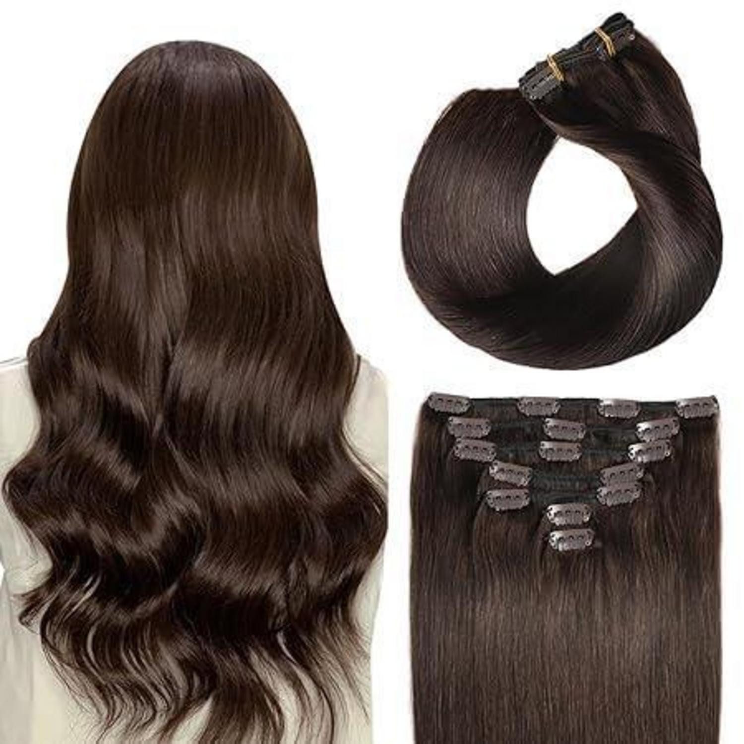 LuxusKollektion Echthaar-Extension Extensions Clip Echthaar Menschenhaar glatt 30cm-70g #2 Dunkel Braun