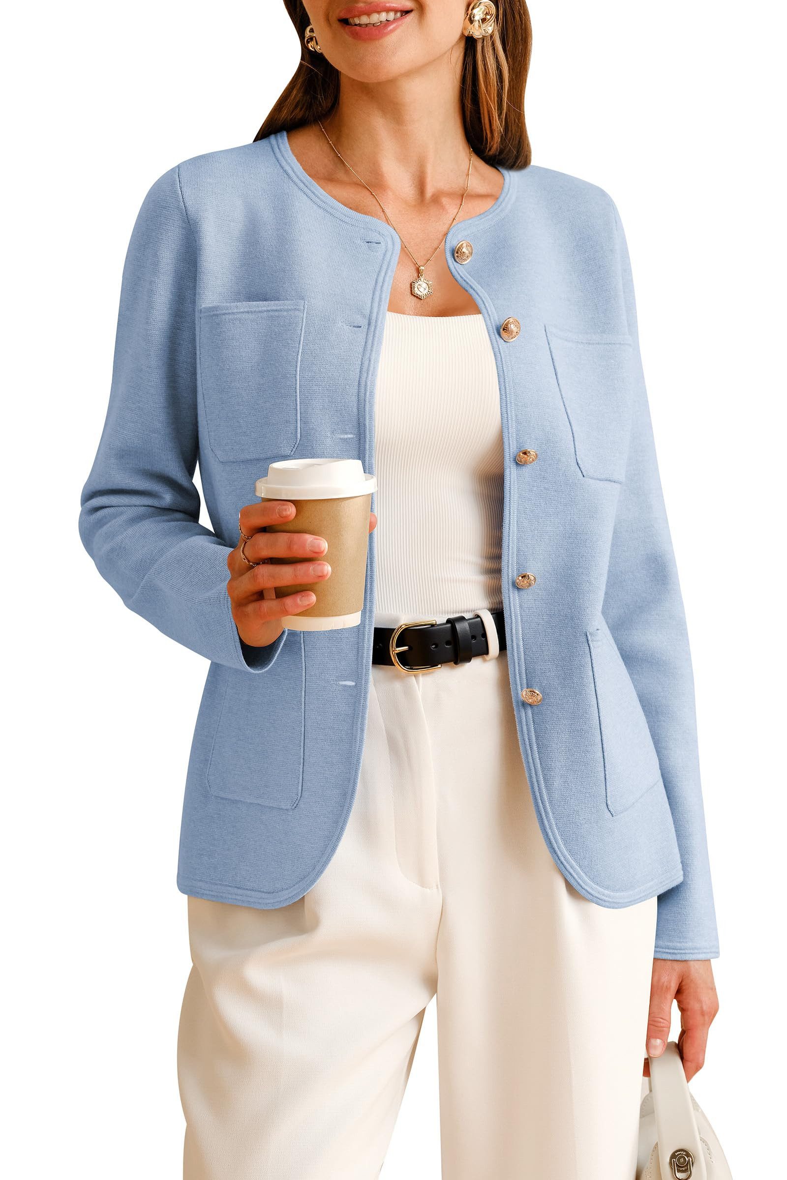 Arach&Cloz Jackett Arach&Cloz Damen Wollmischung Jackenblazer Leinensakko Jerseysakko Herbst Button Down Anzugsakko Blusenblazer mit Taschen