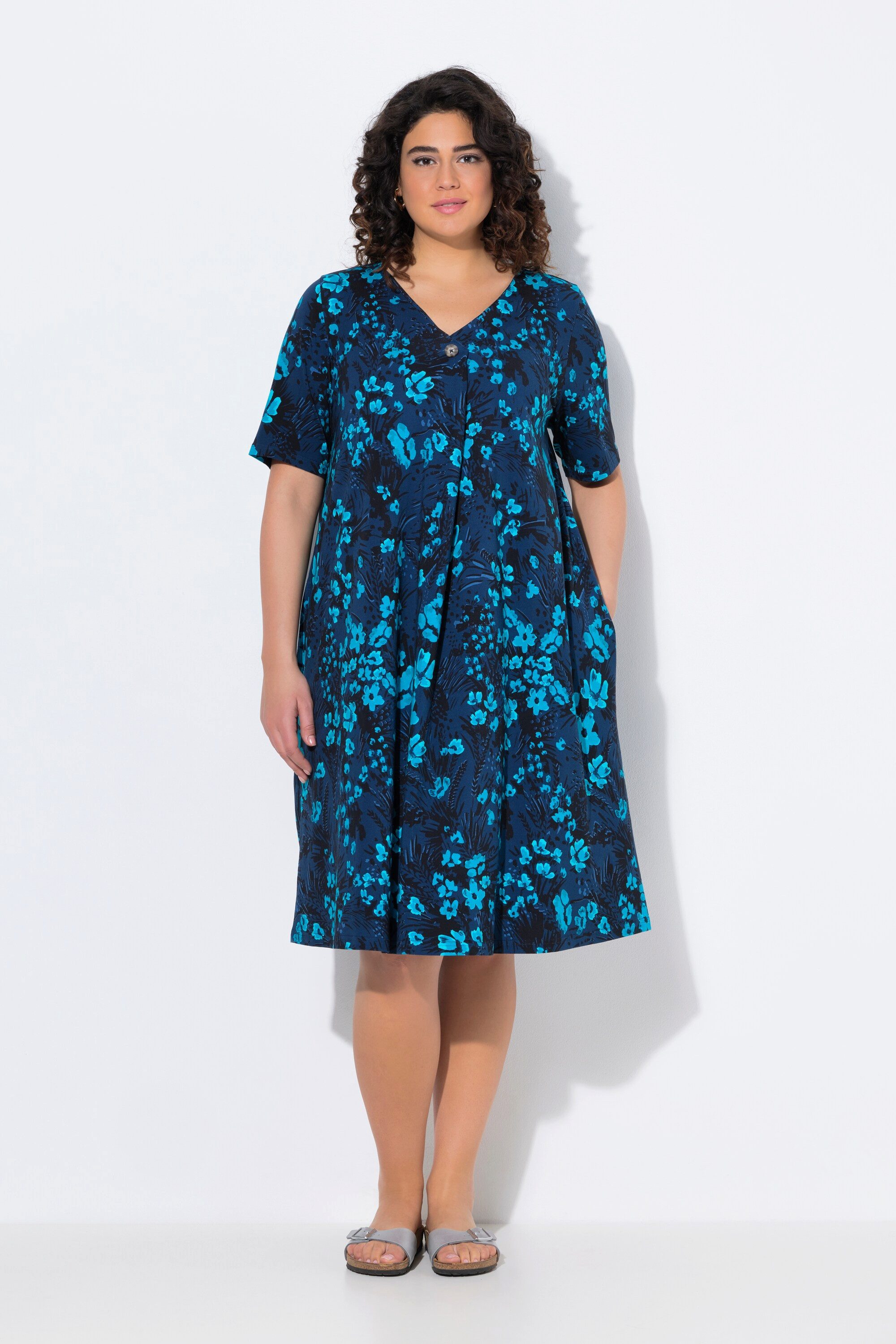 Ulla Popken Jerseykleid Jersey-Midikleid A-Linie V-Ausschnitt günstig online kaufen