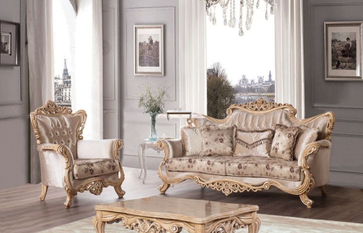 Casa Padrino Sofa mit Beige / Prunkvolles Sofa elegantem Sofa / Muster Wohnzimmer - Möbel Naturfarben Luxus Barock Edel - Barock & Braun - Prunkvoll