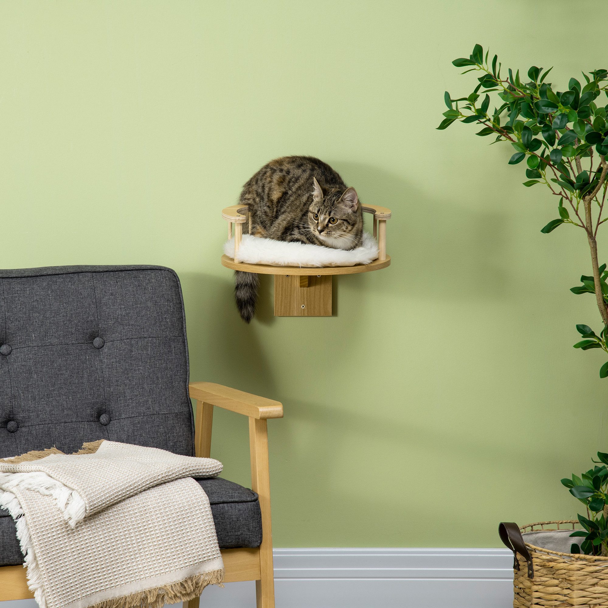 furnicato Kratzbaum Katzen-Wandliege Ø34 x 10,5H cm Eiche+Cremeweiß, Kletterbett mit waschbarem Kissen und Schutzrand für bis zu 5 kg Katze