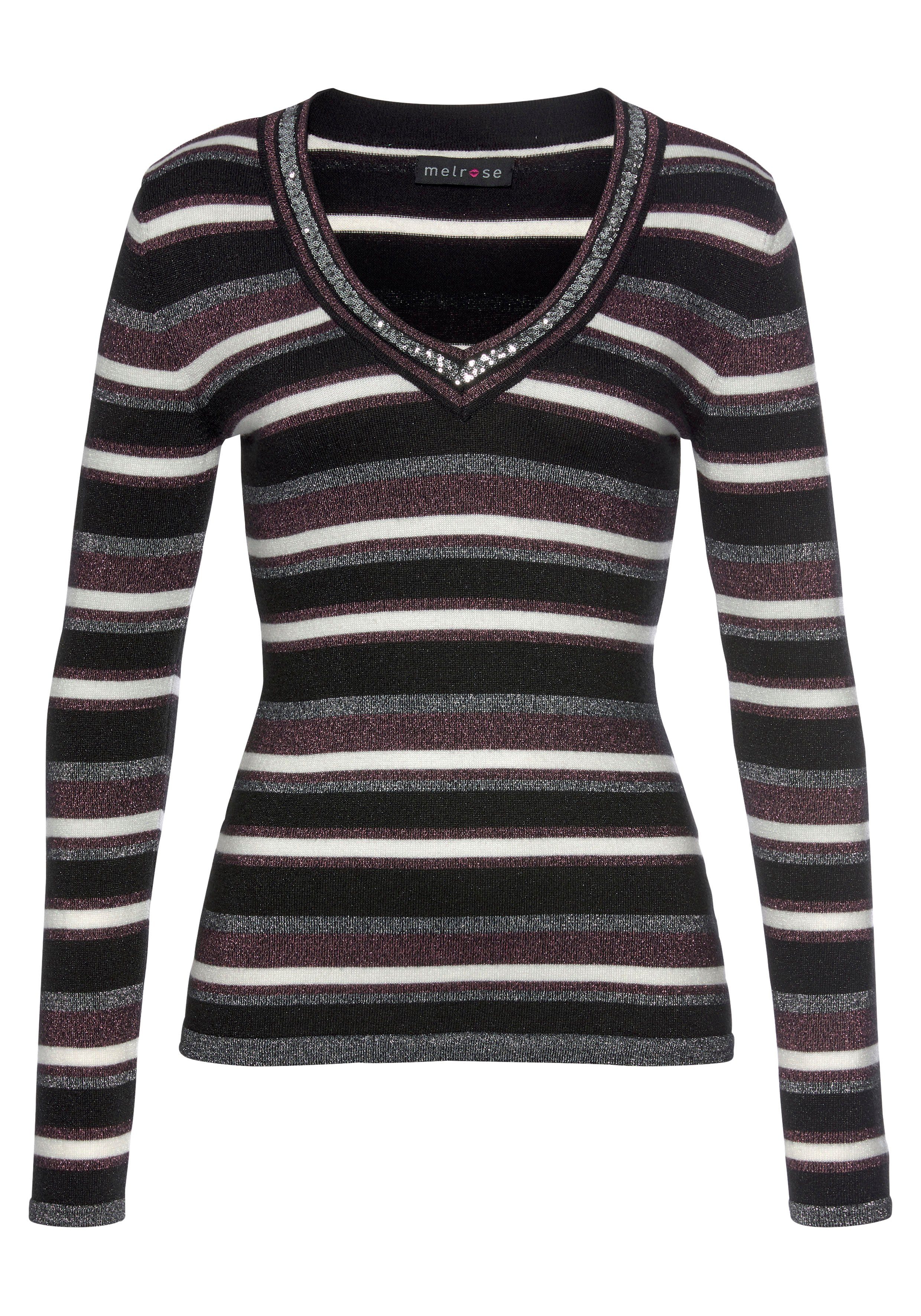 Melrose V-Ausschnitt-Pullover mit weichem Glitzergarn schwarz-pink und Pailletten-Details