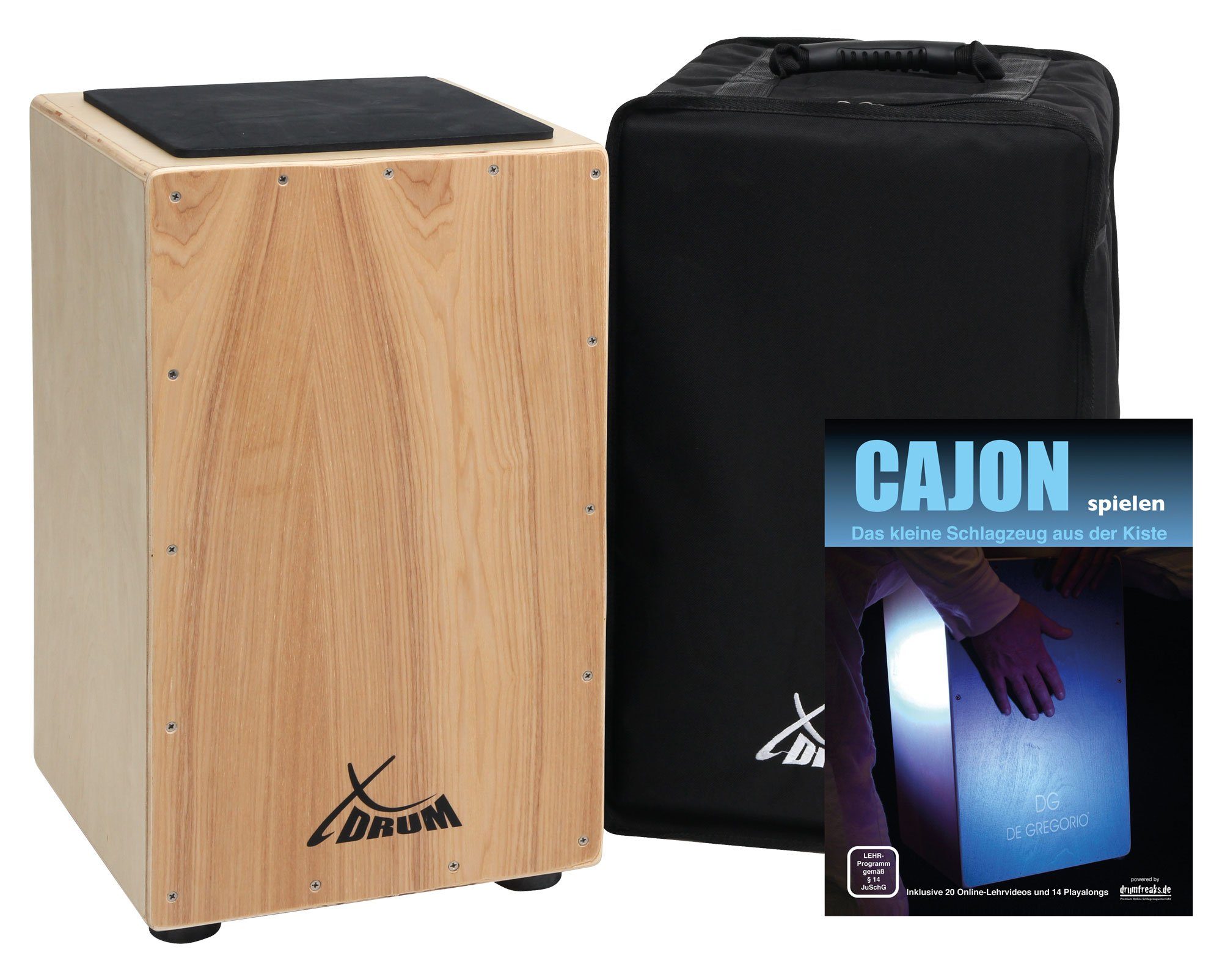 XDrum Cajon Cajon Primero Natur inkl. Cajonschule und Tasche, inkl. Rucksacktasche & Cajonschule, Trommelkiste mit Snare Sound