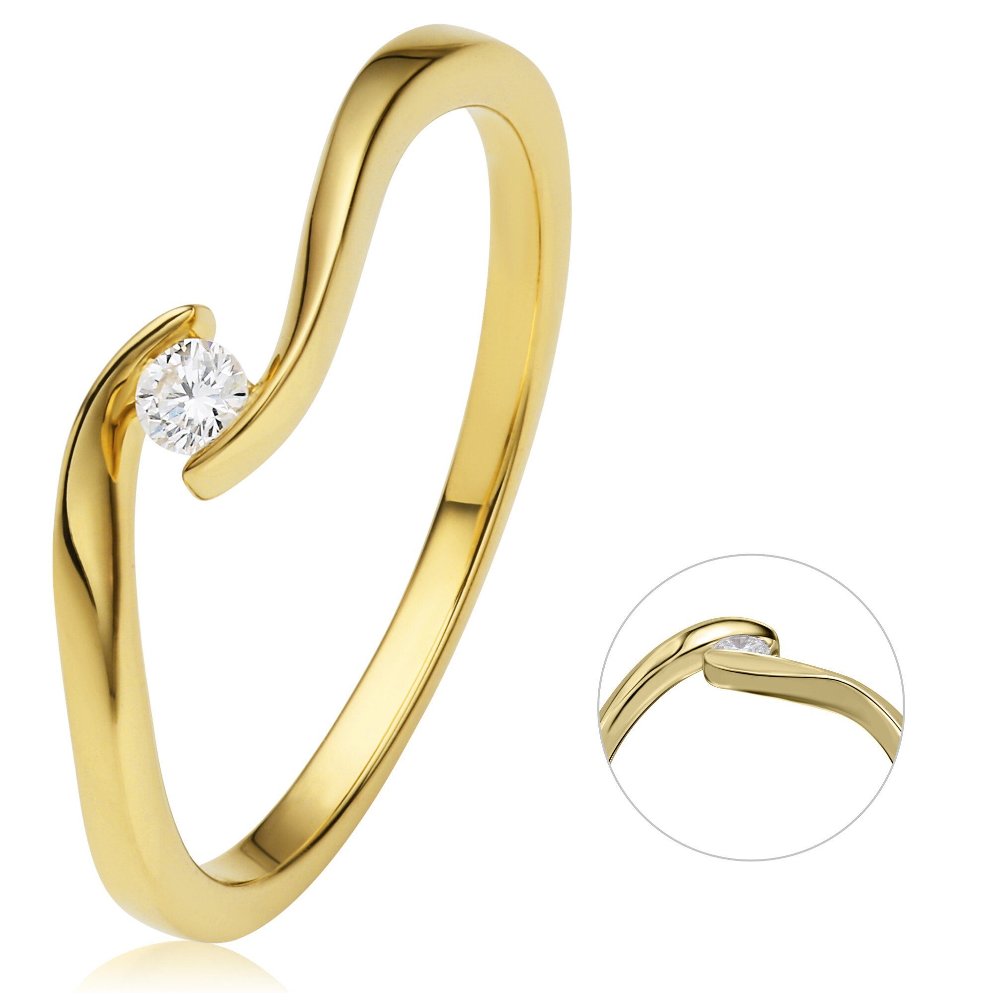 Ring ELEMENT Spannfassung Diamantring 750 Gelbgold, Diamant Schmuck aus Brillant ct 0,05 Gold Damen Spannfassung ONE