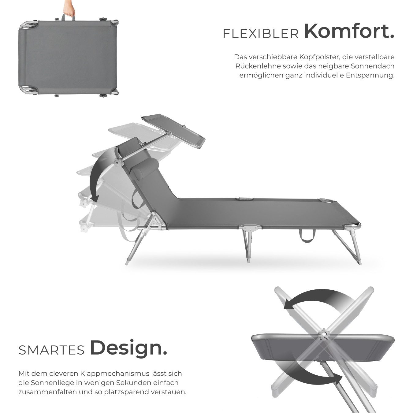 tectake Gartenliege Liegestühle klappbar mit Kopfpolstern, UV-beständig, 190 x 68 x 65, Sonnenliegen Chloé, 2 St., in grau, Sonnendach und Rückenlehne verstellbar, widerstandsfähig