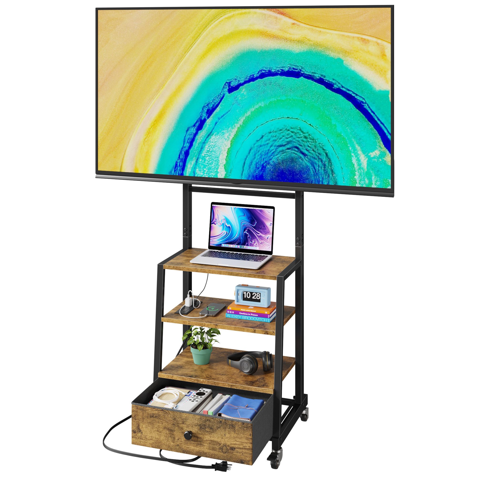 OYRREU TV-Ständer auf Rollen, höhenverstellbar, mit Halterung, Steckdose, Stoffschublade, (bis 75 Zoll, TV-Wagen mit Ablage, Monitorständer 1-St., für Fernseher, Laptop, Meetingraum Ausstattung, Touchscreen Halterung, mit Stauraum, Mittelregal & Sicherheitsrollen, VESA kompatibel)