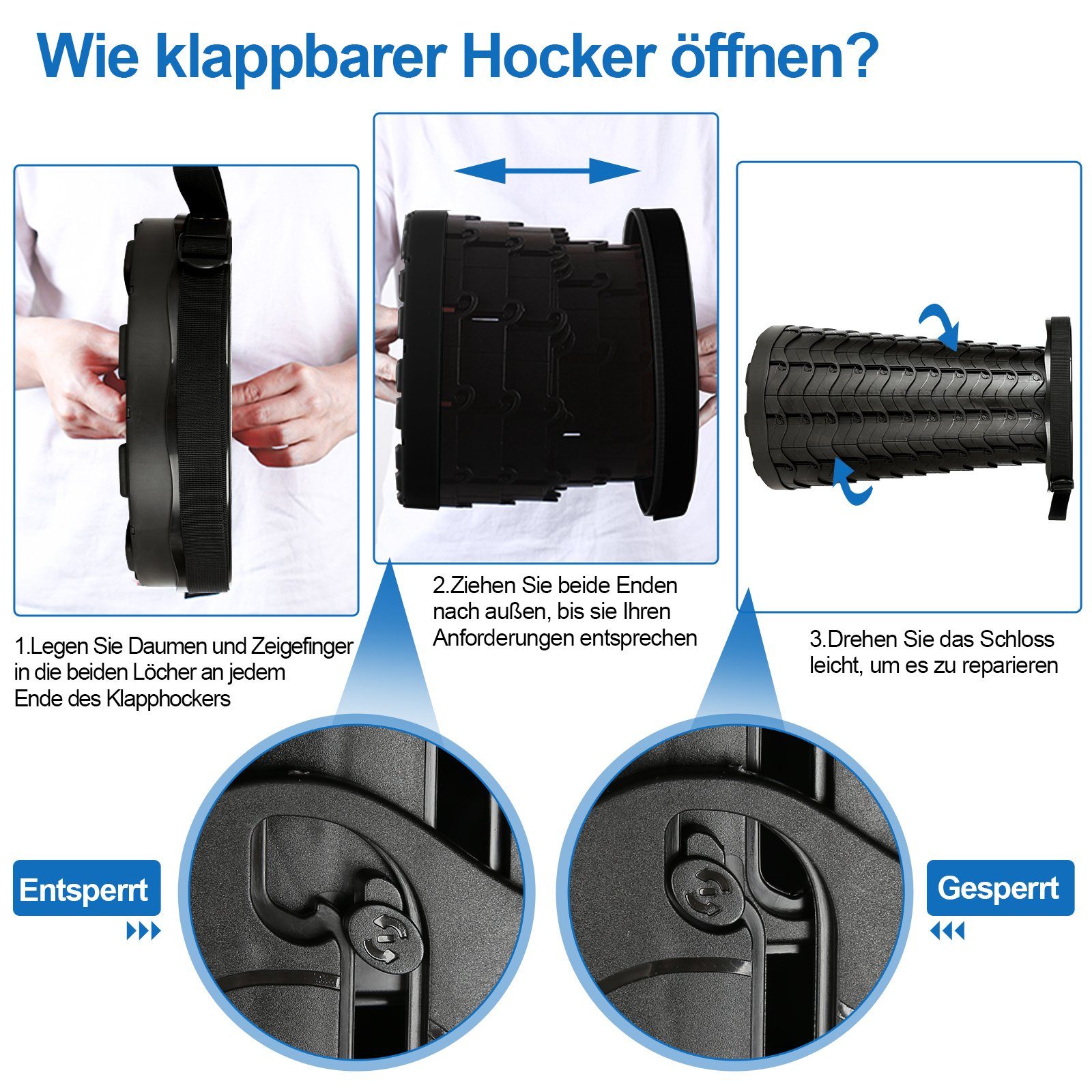 TolleTour Klappstuhl Tragbarer Hocker Klappstuhl Teleskop Schwarz Sitz Klapphocker Faltbar