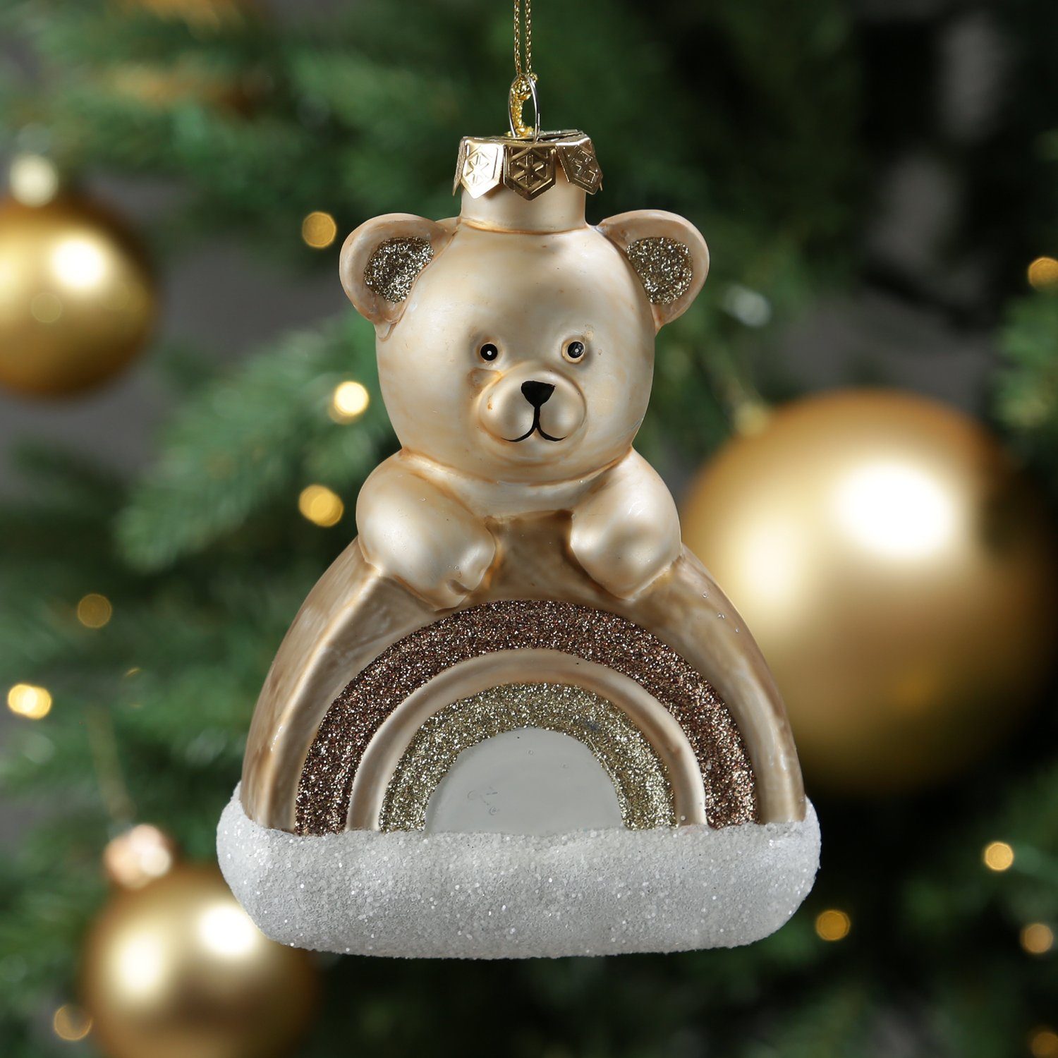 MARELIDA Christbaumschmuck Weihnachtsbaumschmuck Teddybär mit Regenbogen Glas H: 13,5cm braun