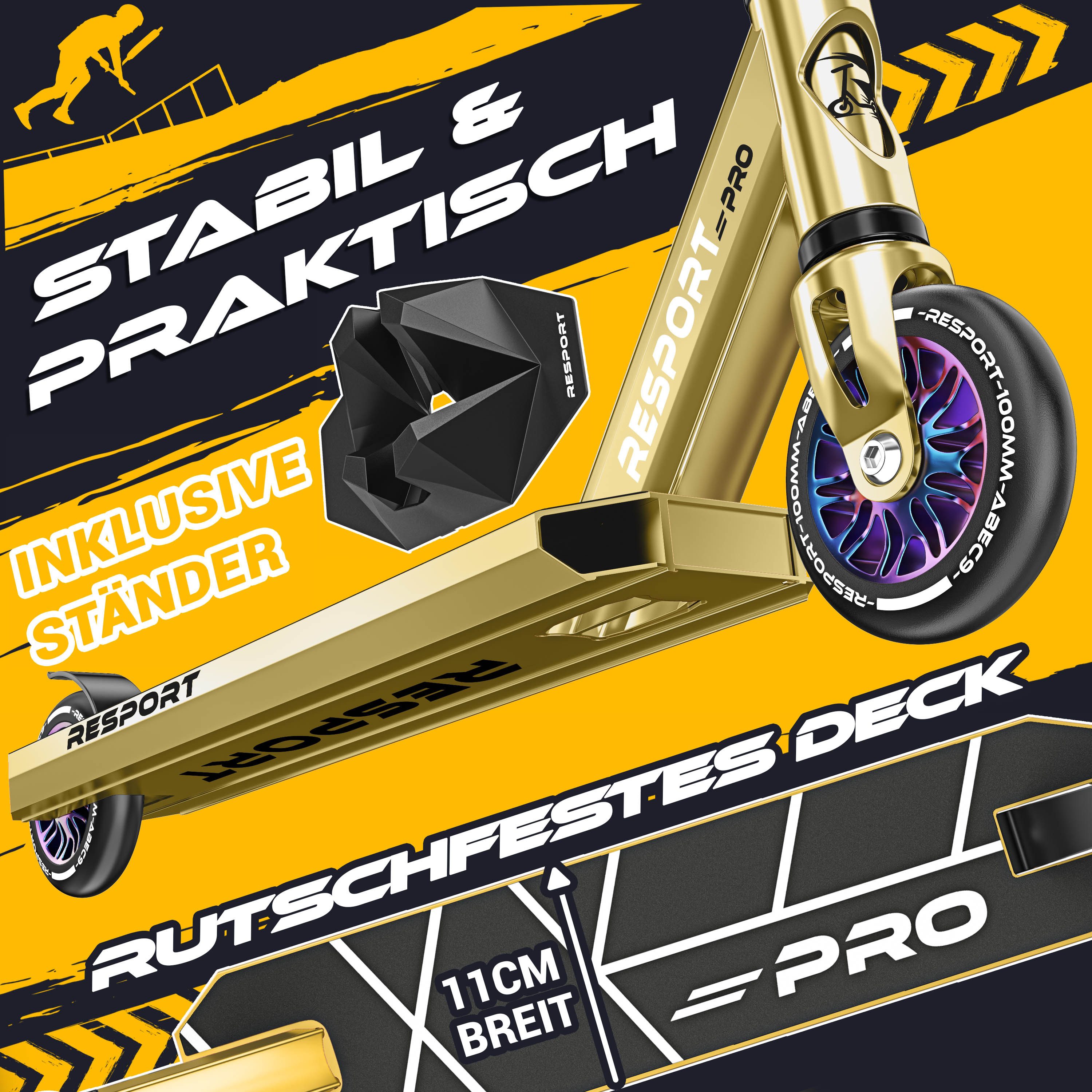 RE:SPORT Cityroller RE:SPORT® Revo Pro Stunt Scooter inkl. Ständer ABEC 9 Kugellagern, (Stuntscooter Kickscooter ABEC 9 Kugellager Trickroller, mit Ständer Profi Stuntroller 110mm PU Wheels & Y-Bar), Stunt Scooter REVO PRO für Kinder & Erwachsene