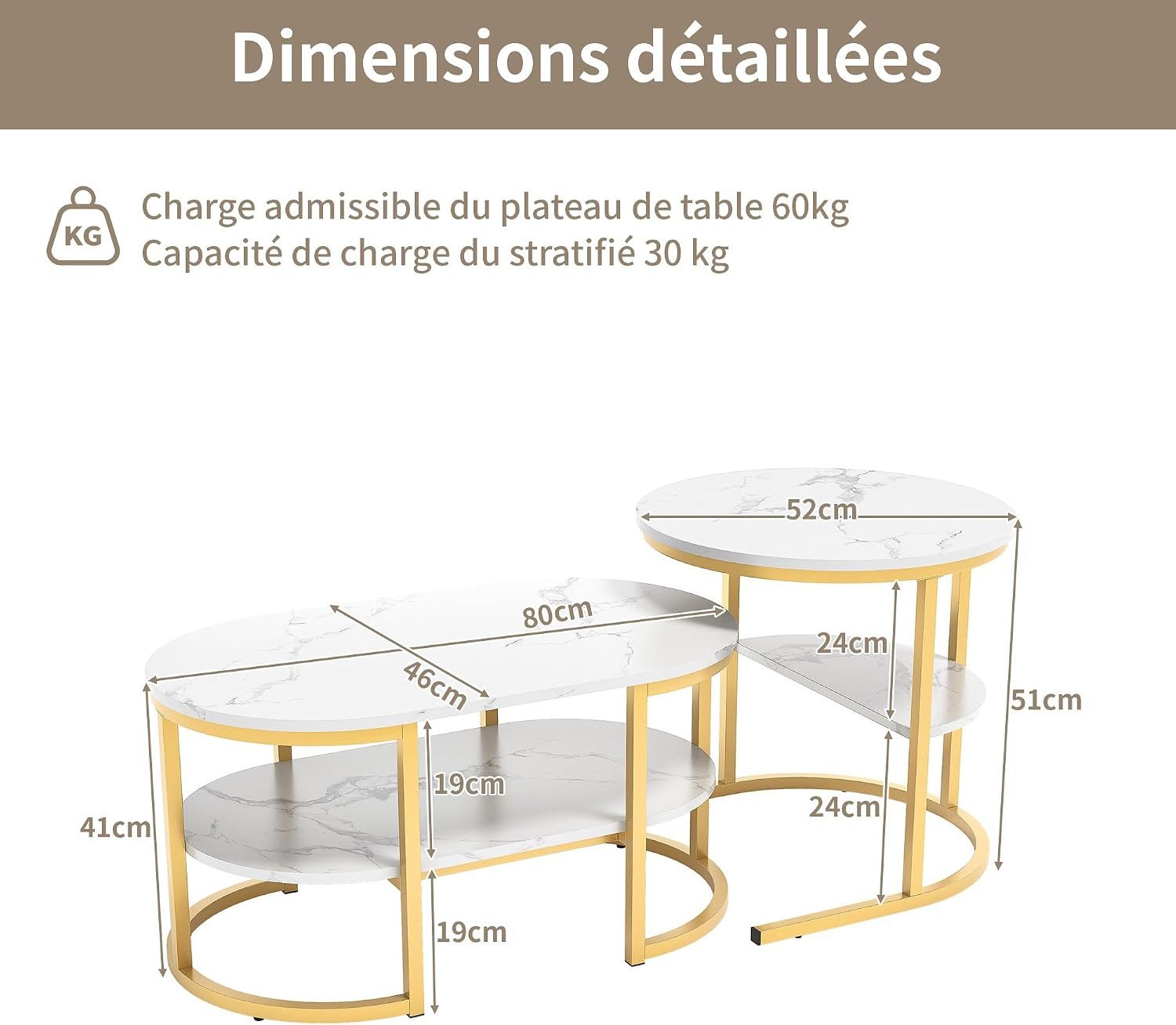 Simurq Couchtisch 2‑er Set ovale Satztische, Marmor‑Optik mit Stauraum – Bild 2 von 5