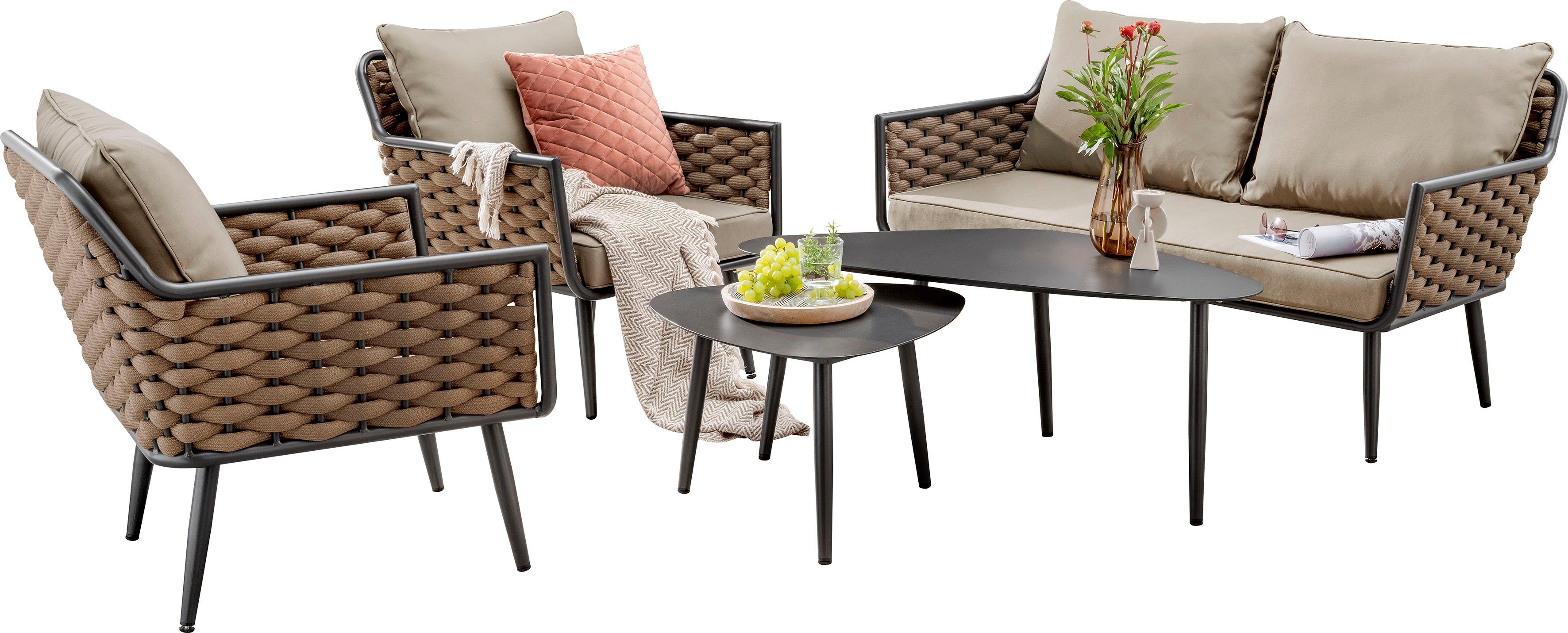 Destiny Gartenlounge-Set RAVENNA, Sessel, 2 109x60x45 cm 12-tlg), 60x60x40 Sofa, Aluminium, und 2 coffefarben Tische (Set, 1 cm