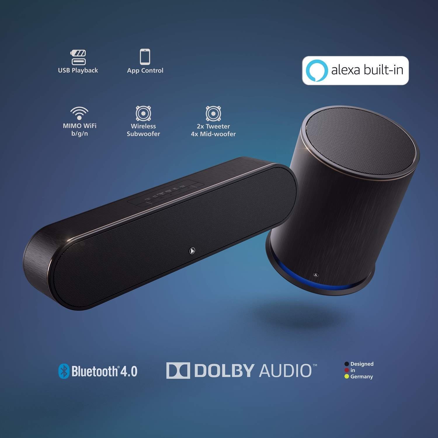 (Funk, Soundbar + Slim Spotify Subwoofer etc) mit Wireless Hama Bluetooth TV 2.1 Fernbediening Subwoofer PC Smart Alexa WiFi
