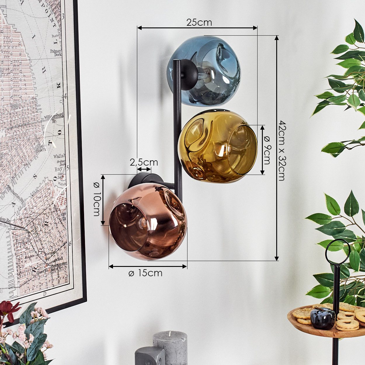 hofstein Wandleuchte Wandlampe aus Metall/Glas in Schwarz/Kupfer/Blau/Gold, moderne Leuchte im Retro/Vintage-Design (Schirme Ø 15 cm), E14