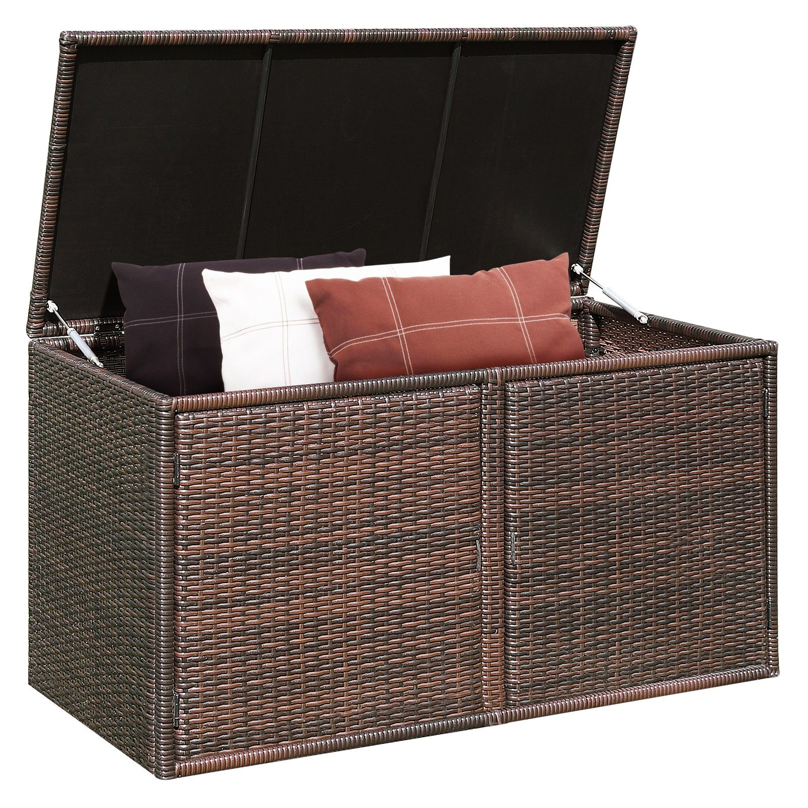 COSTWAY Auflagenbox Rattan Sitzbank 335L, mit Doppeltüren & Ablage, 115x60x65cm