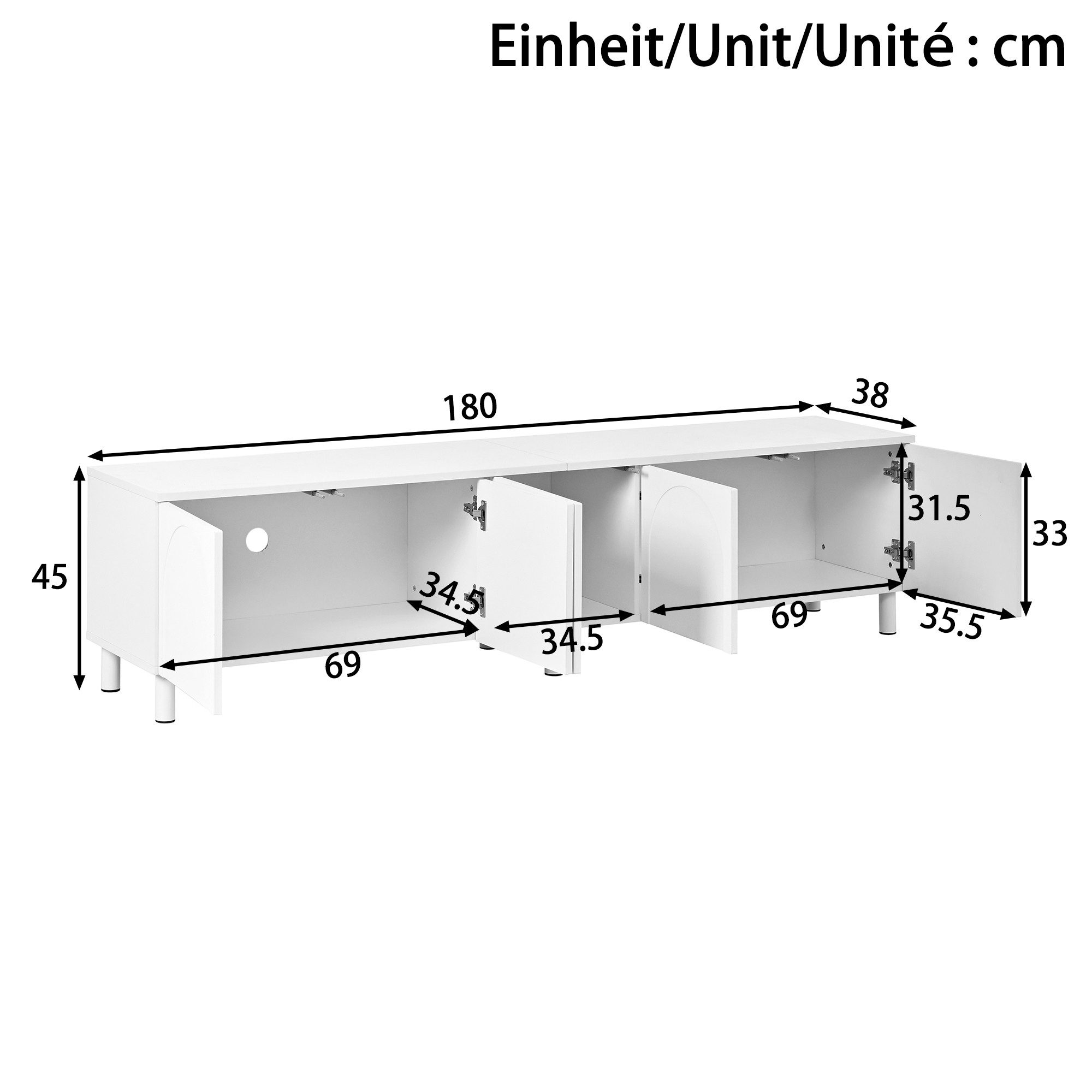Merax Lowboard Fernsehtisch mit geschwungenem Design (180 x 38 x 45 cm (L x B x H), 1 St), TV-Schrank mit 5 Türen, Metallfüßen & Kabeldurchlass – Bild 5 von 5