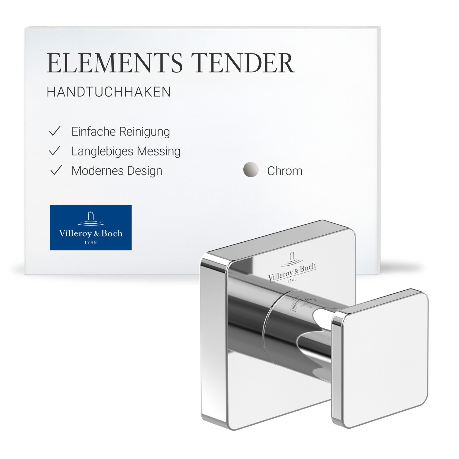 Villeroy & Boch Handtuchhaken Elements, eckig, Wandmontage, Chrom, 45x44x45mm