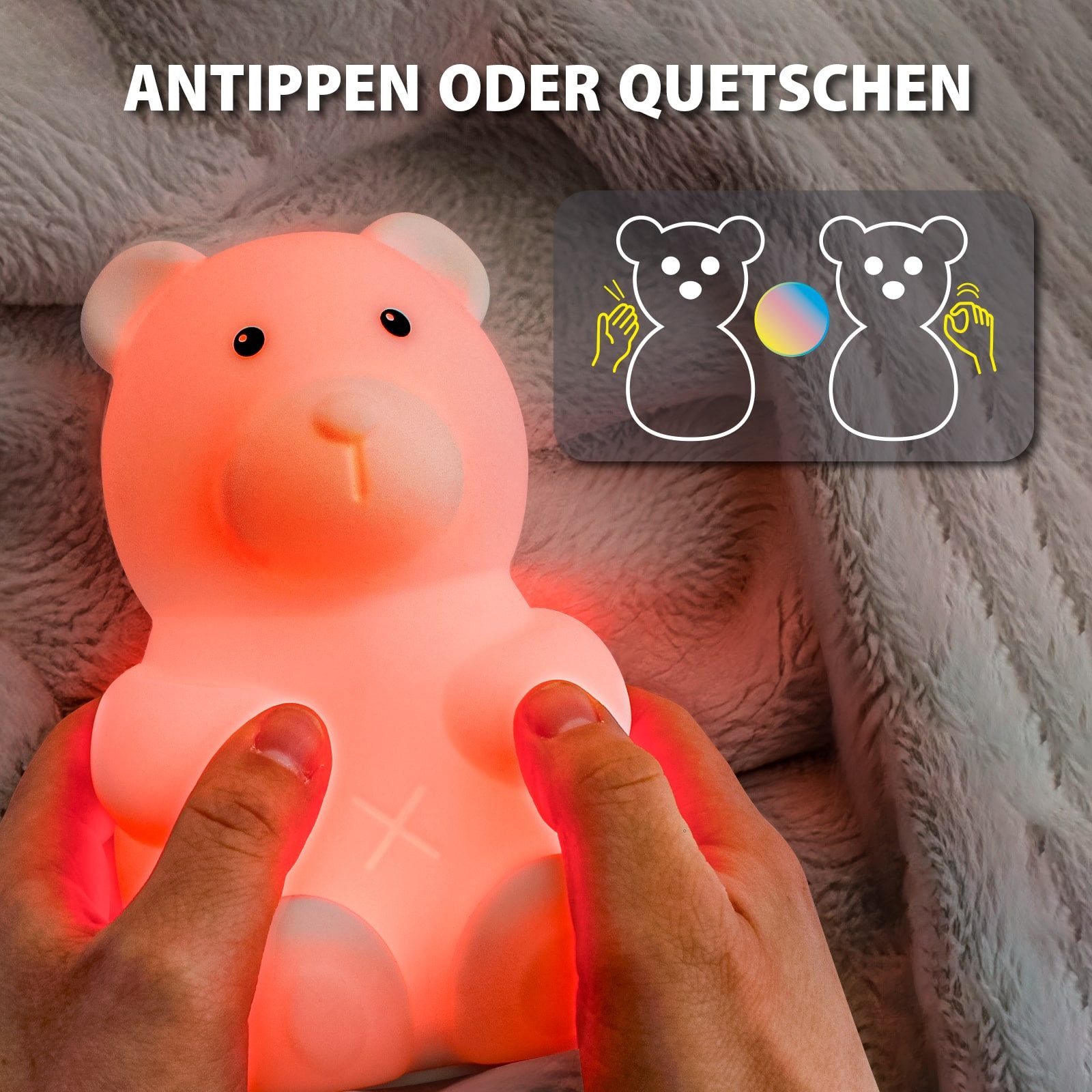 EAXUS LED Nachtlicht Leuchtbär Basti der Bär - Große LED Nachtleuchte Kinder & Baby, 4 LEDs, Rot, Blau, Grün, Pink, Lila, Orange, Weiß, Automatischer Farbwechsel, Beruhigendes Stilllicht, Nachtlampe Kinderzimmer