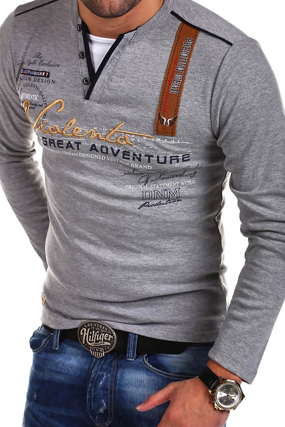 behype Langarmshirt ADVENTURE mit modischer Stickerei grau