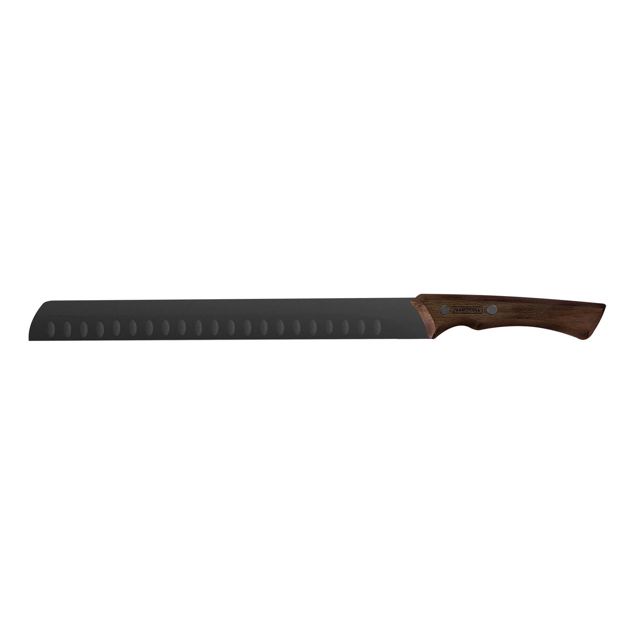 Tramontina Schinkenmesser CHURRASCO BLACK Edelstahl, rostfrei, mit Holzgriff, Lachsmesser, Kullenschliff, 29 cm, Holzgriff FSC