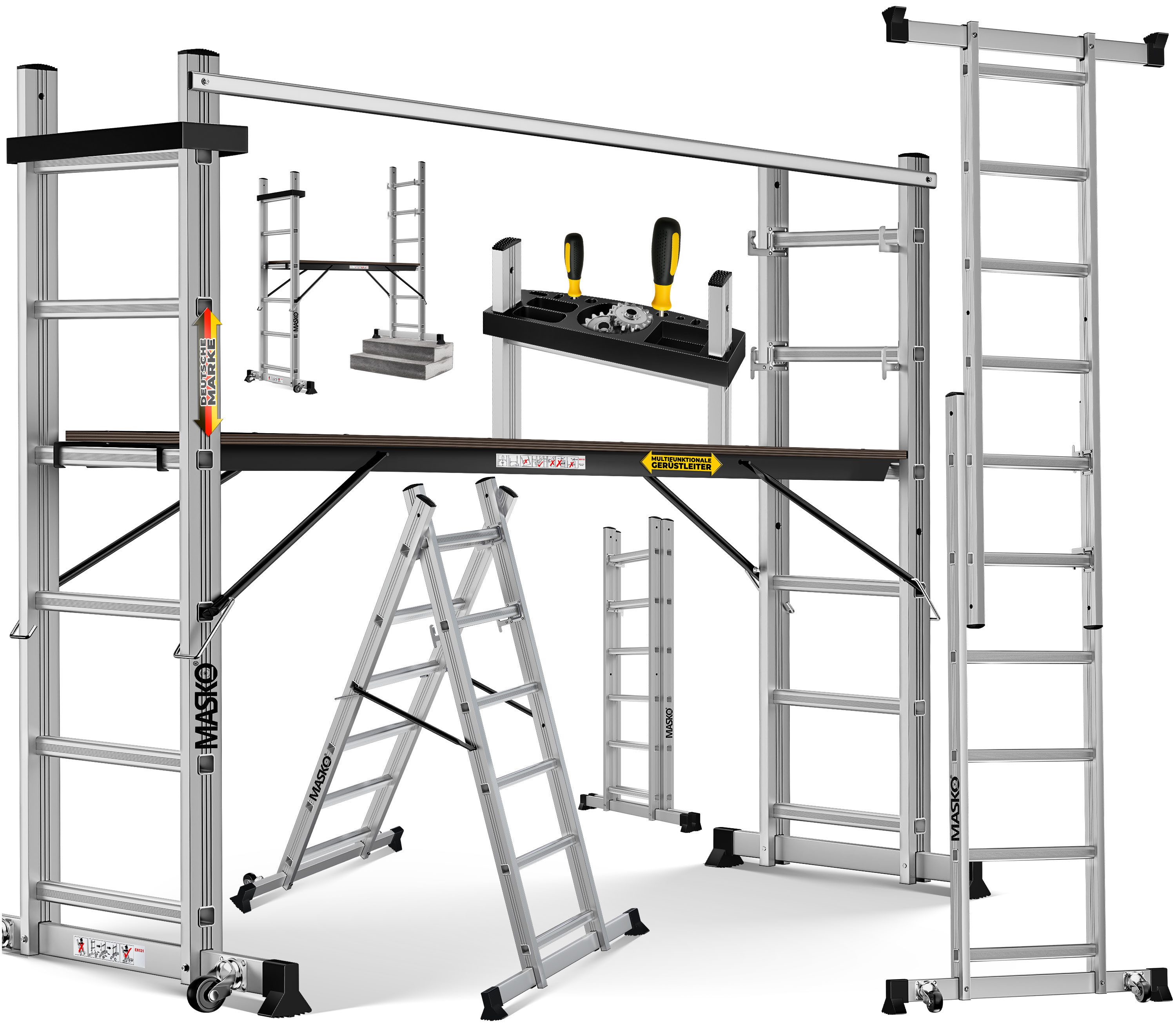 MASKO Arbeitsgerüst Baugerüst mit Arbeitsbühne 4in1 Mehrzweckleiter, bis 150kg belastbar, als Anlegeleiter, Bockeiter, Treppenleiter & Gerüstleiter nutzbar